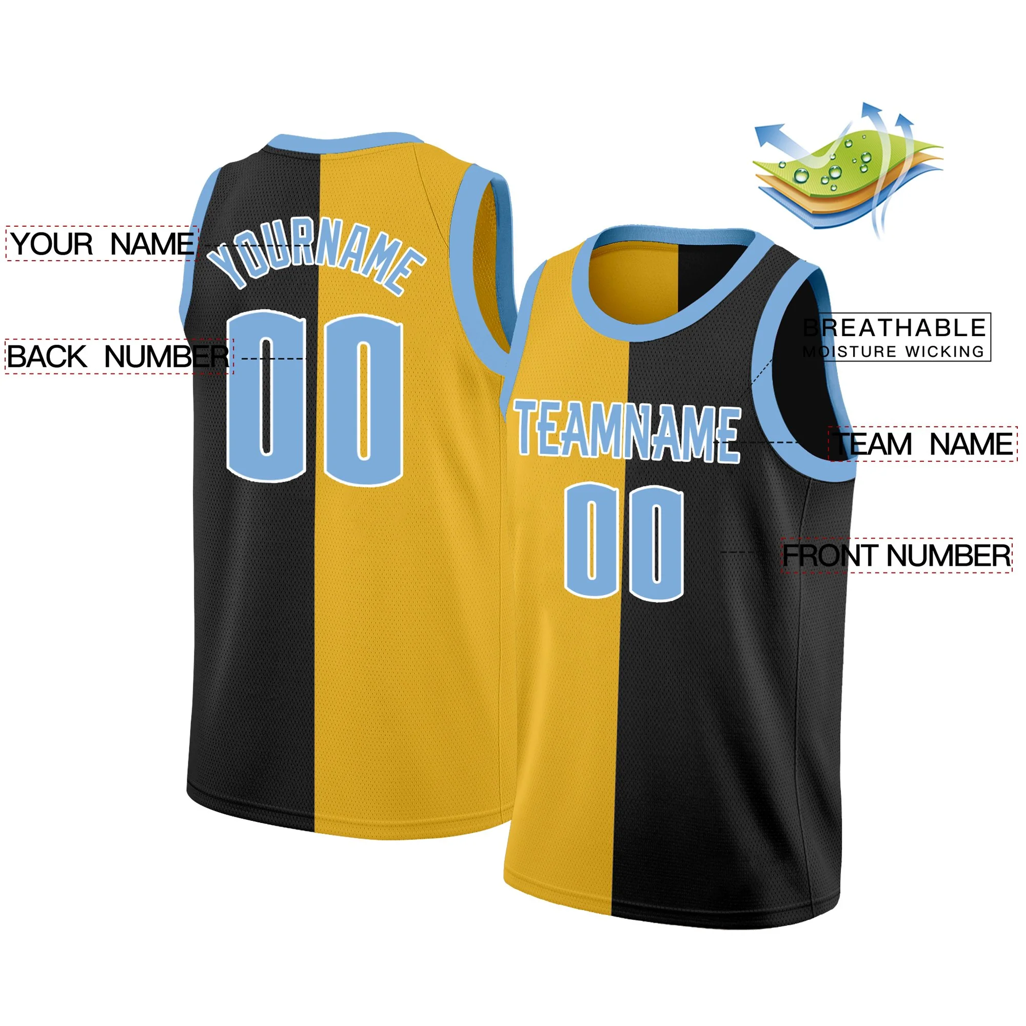 Custom Yellow Black Split Fashion Tops Basketball Jersey - Image 2