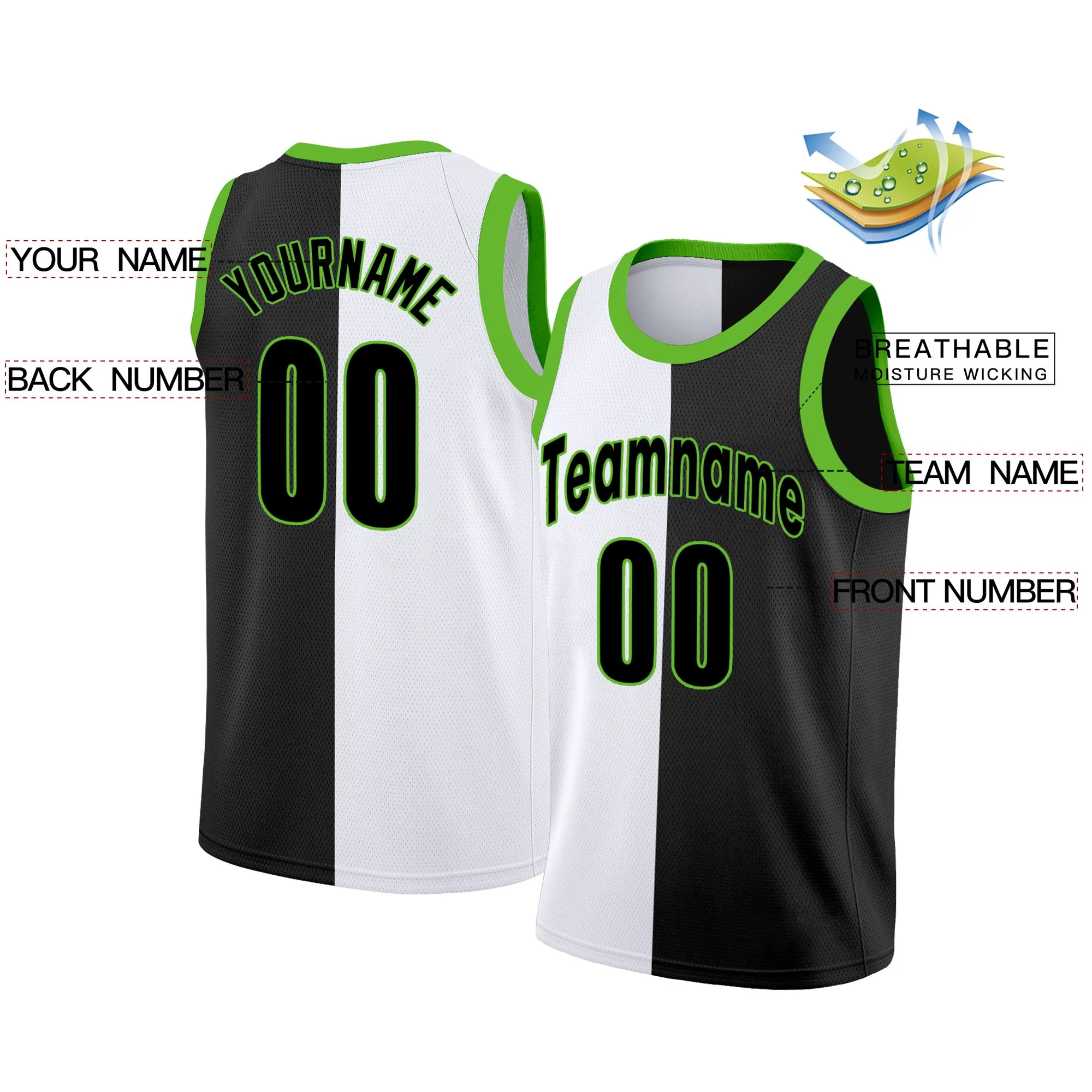 Custom Black White Split Fashion Tops Basketball Jersey - Image 2