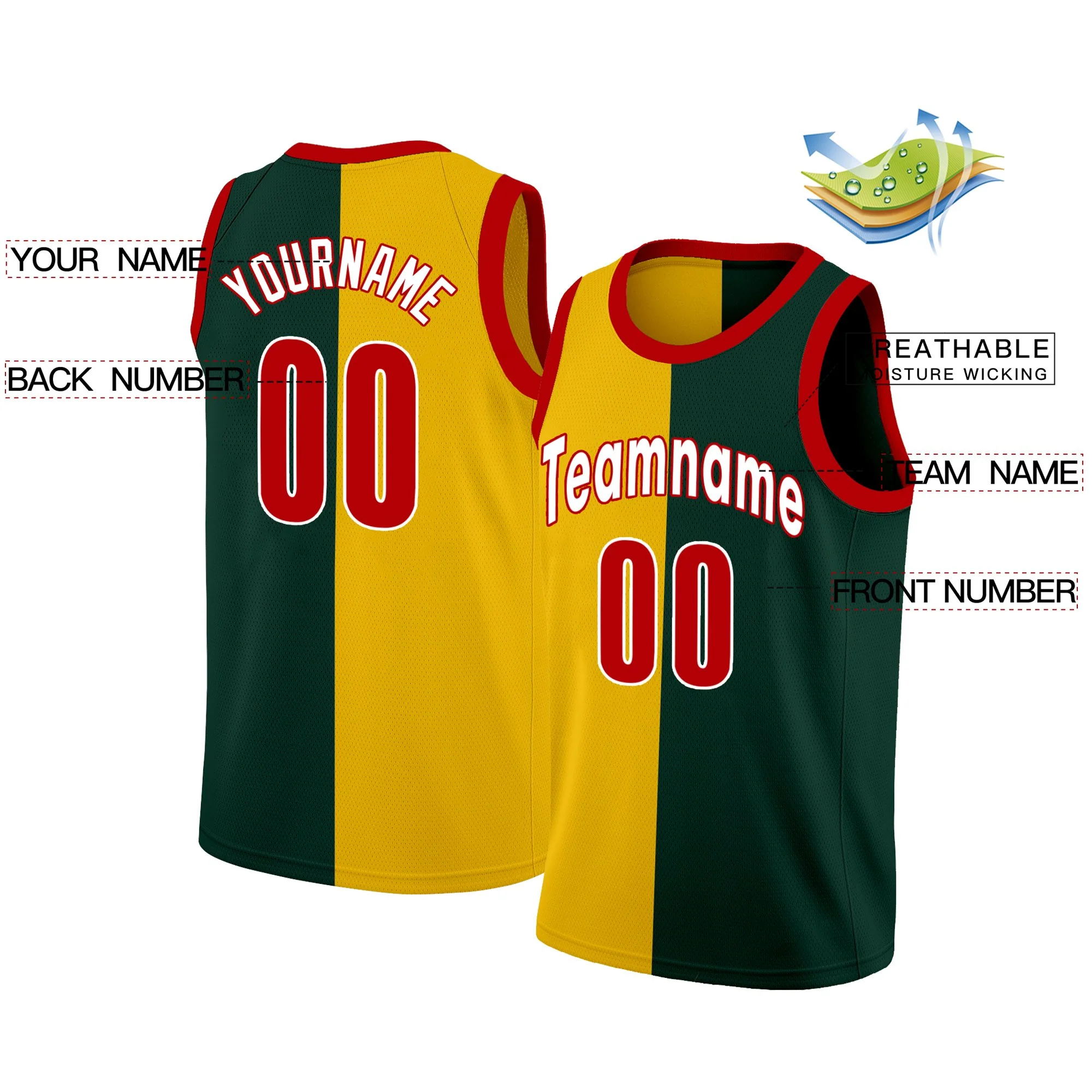 Custom Yellow Green-Red Split Fashion Tops Basketball Jersey - Image 2
