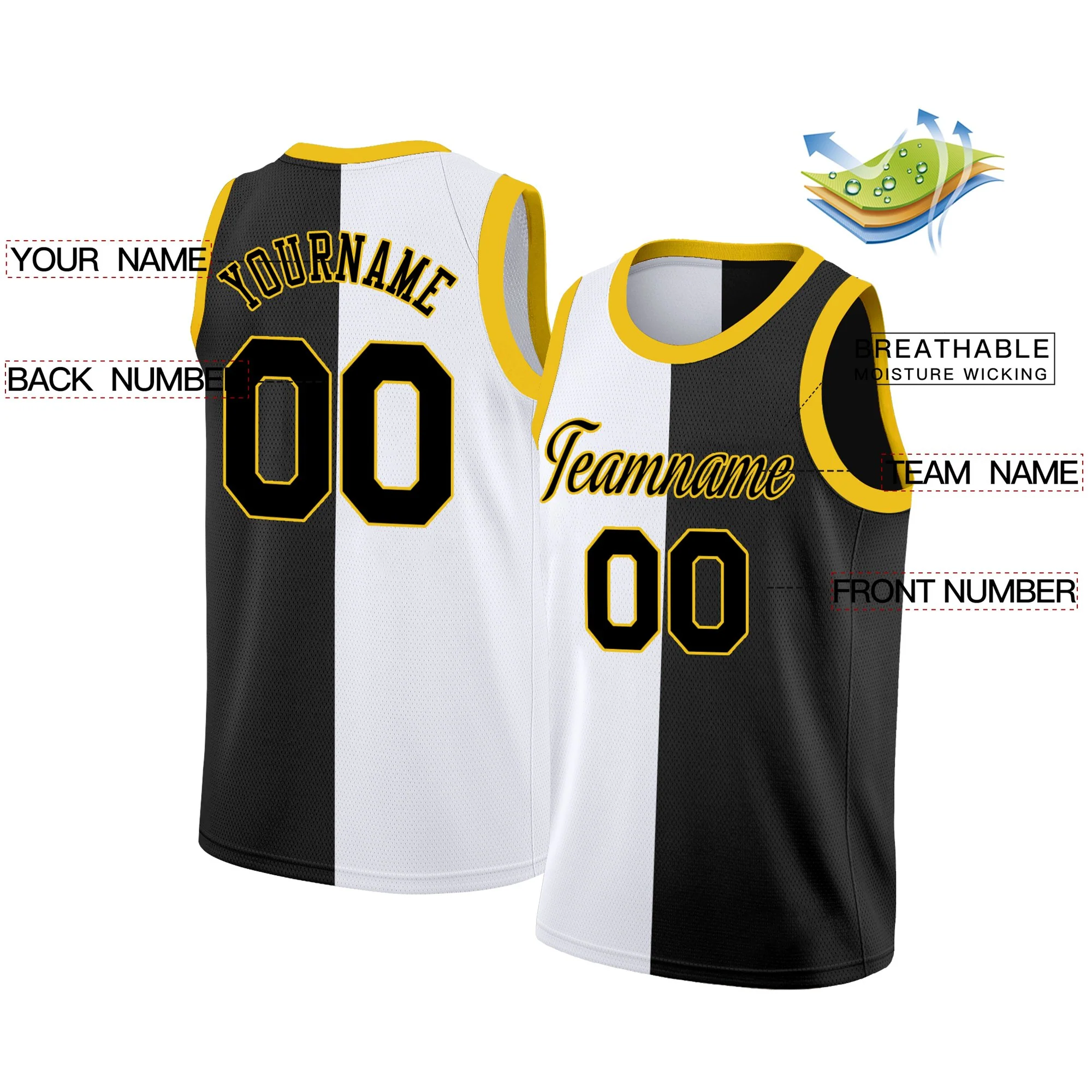 Custom White Black-Yellow Split Fashion Tops Basketball Jersey - Image 2