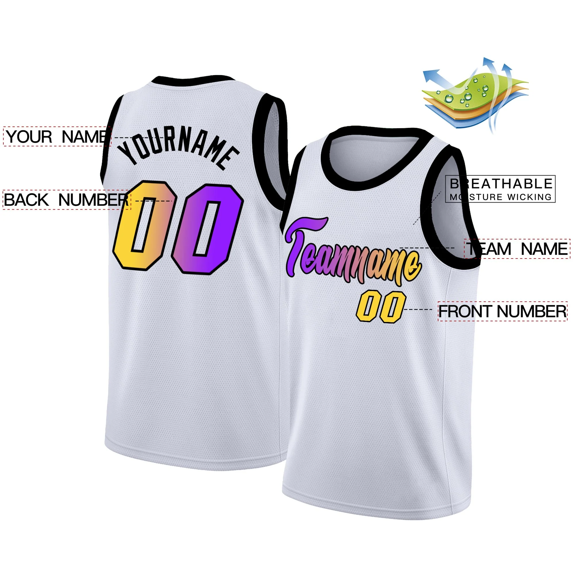 Custom White Yellow Purple Gradient Fashion Tops Basketball Jersey - Image 2