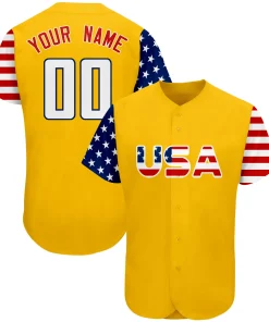 Custom Gold White-Navy American Flag Authentic Baseball Jersey