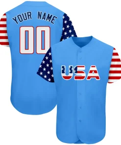 Custom Powder Blue White-Red American Flag Authentic Baseball Jersey