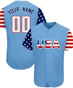 Custom Light Blue White-Red American Flag Authentic Baseball Jersey