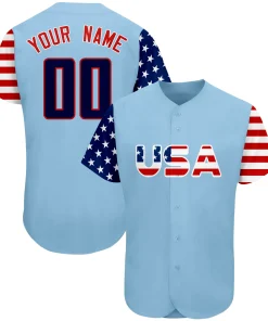 Custom Light Blue Navy-Red American Flag Authentic Baseball Jersey