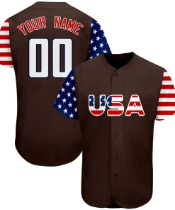 Custom Brown White-Navy American Flag Authentic Baseball Jersey