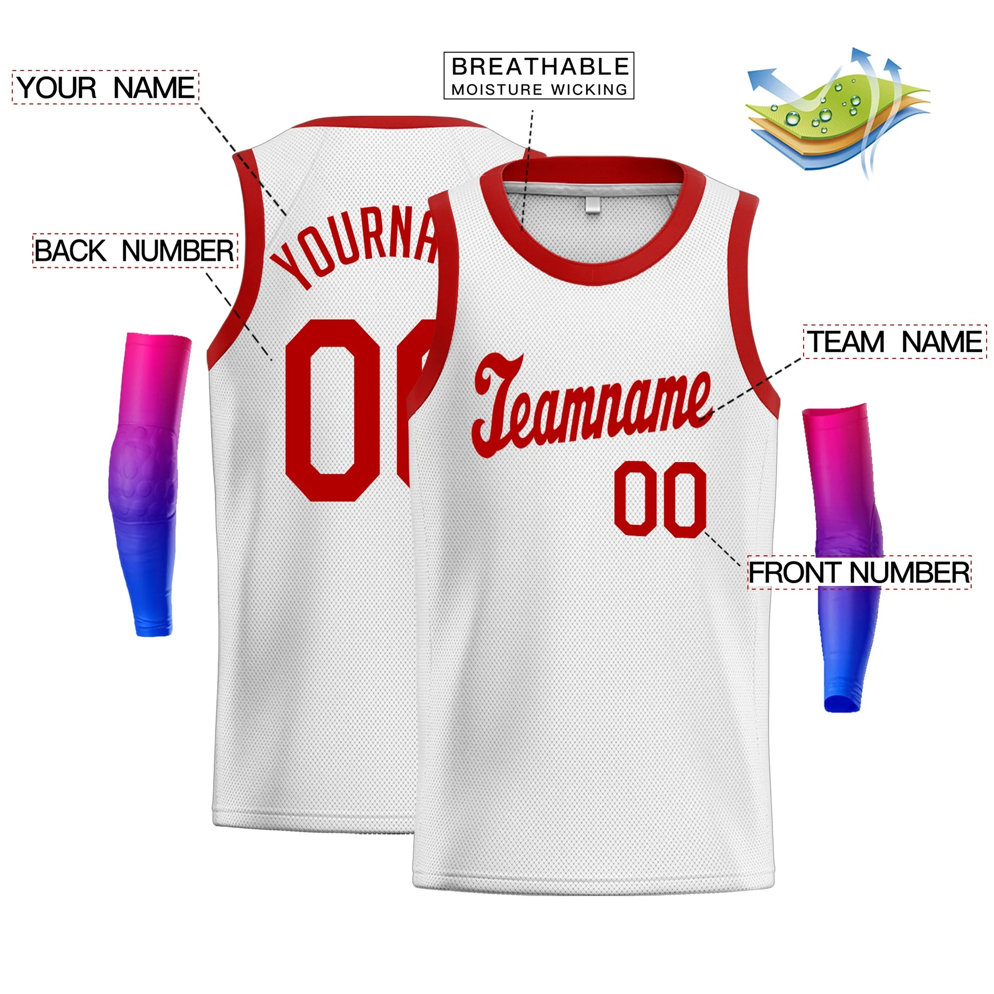 Custom White Red Classic Tops Men/Boy Athletic Basketball Jersey - Image 2