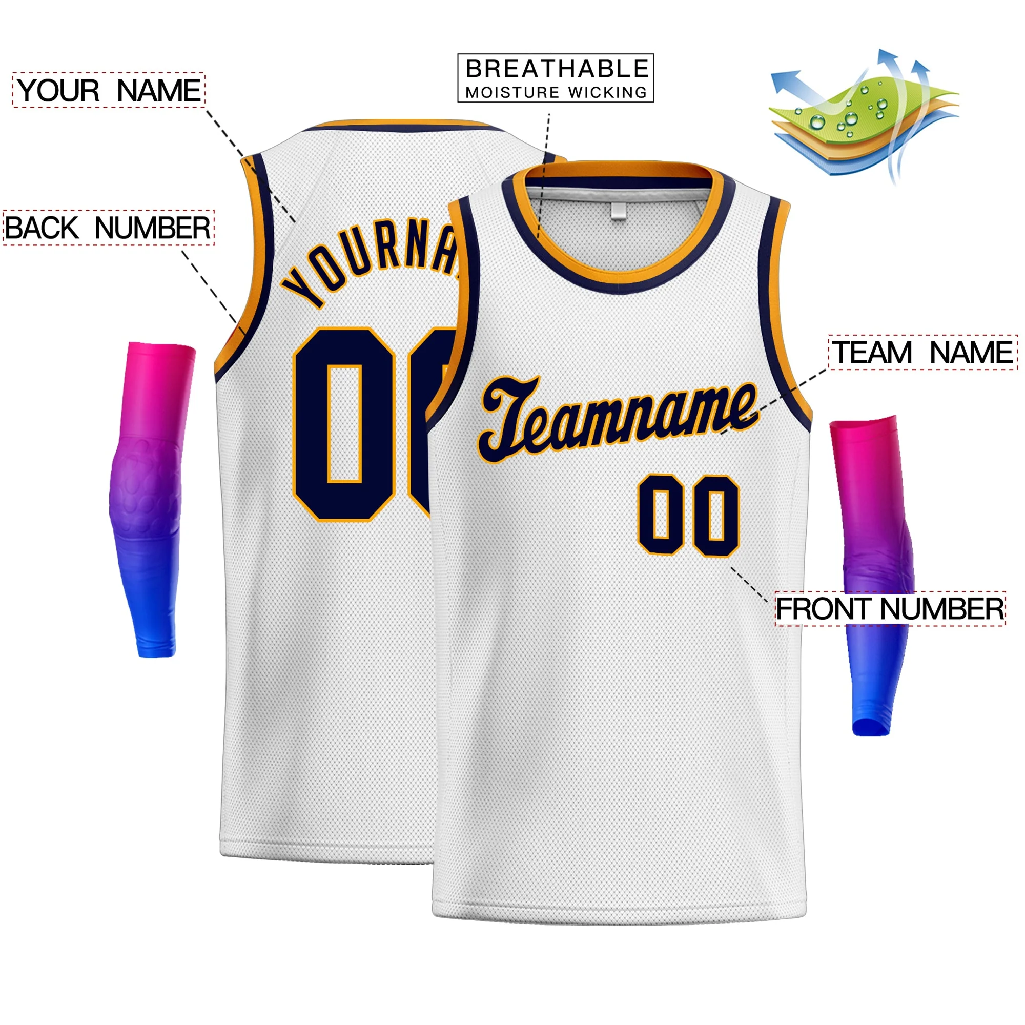 Custom White Navy-Yellow Classic Tops Mesh Basketball Jersey - Image 2