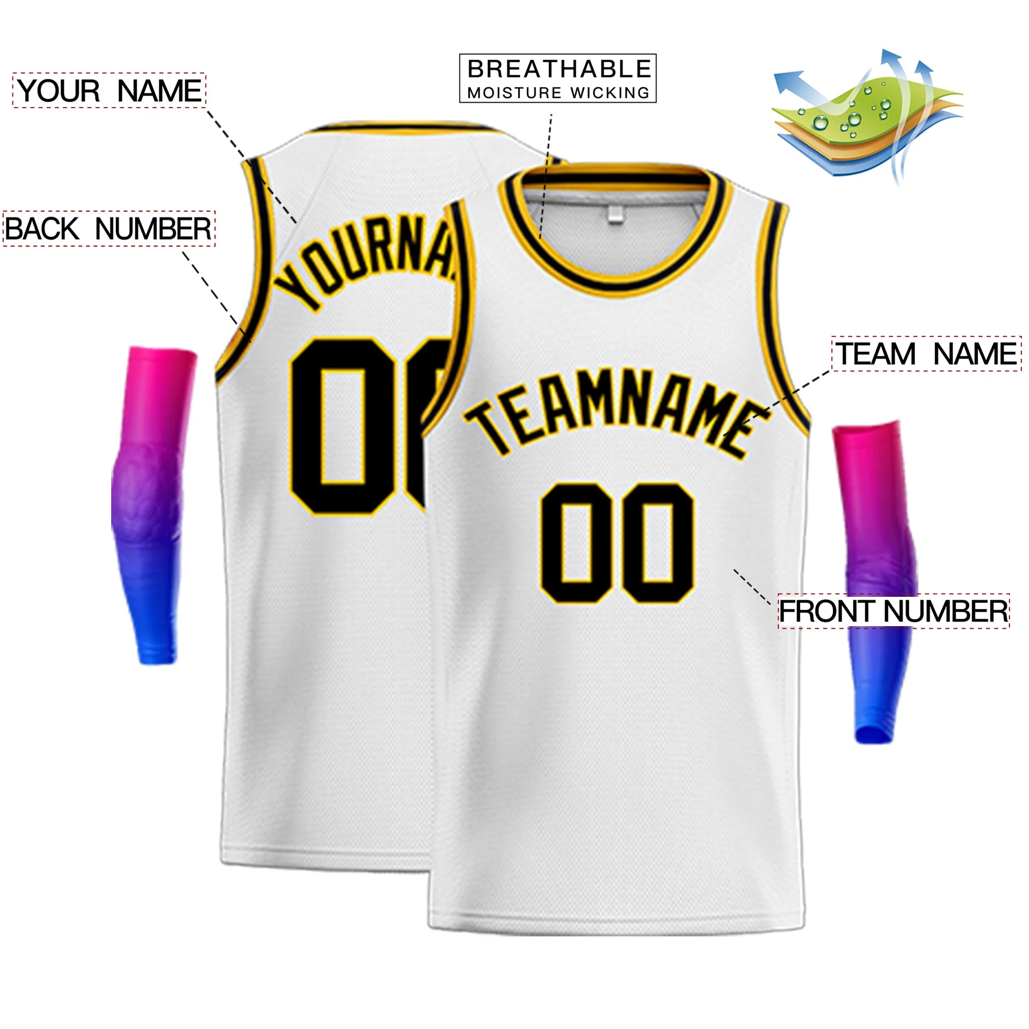 Custom White Black-Yellow Classic Tops Sport Game Basketball Jersey - Image 2