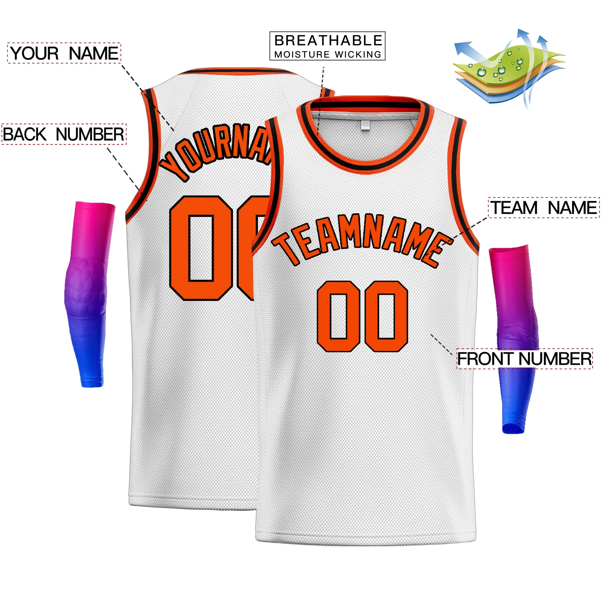 Custom White Orange Classic Tops Breathable Basketball Jersey - Image 2