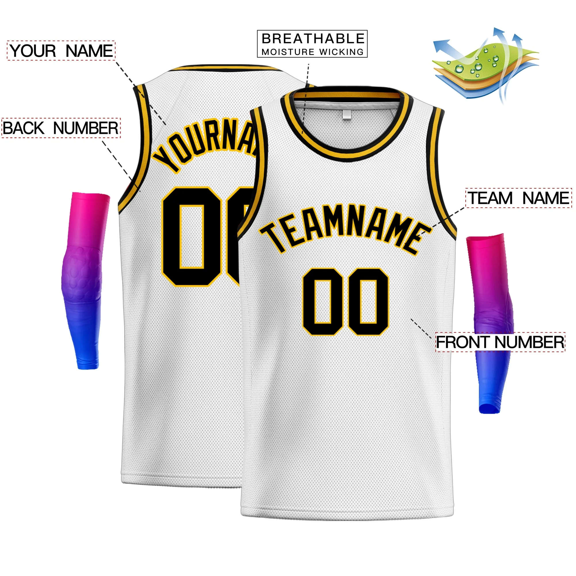 Custom White Black-Yellow Classic Tops Men Casual Basketball Jersey - Image 2