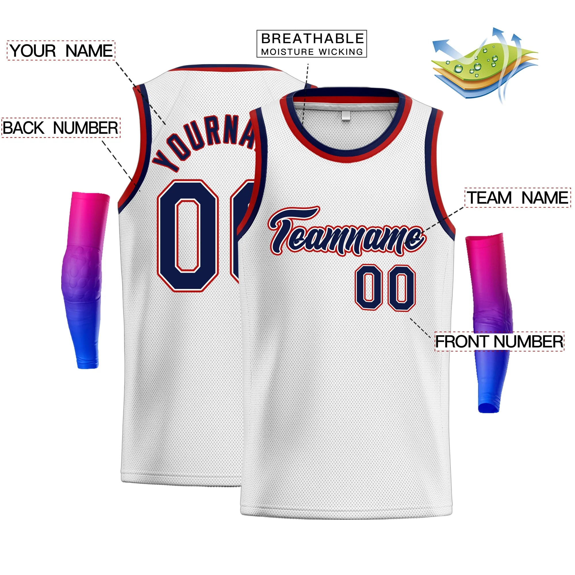 Custom White Navy-Red Classic Tops Basketball Jersey - Image 2