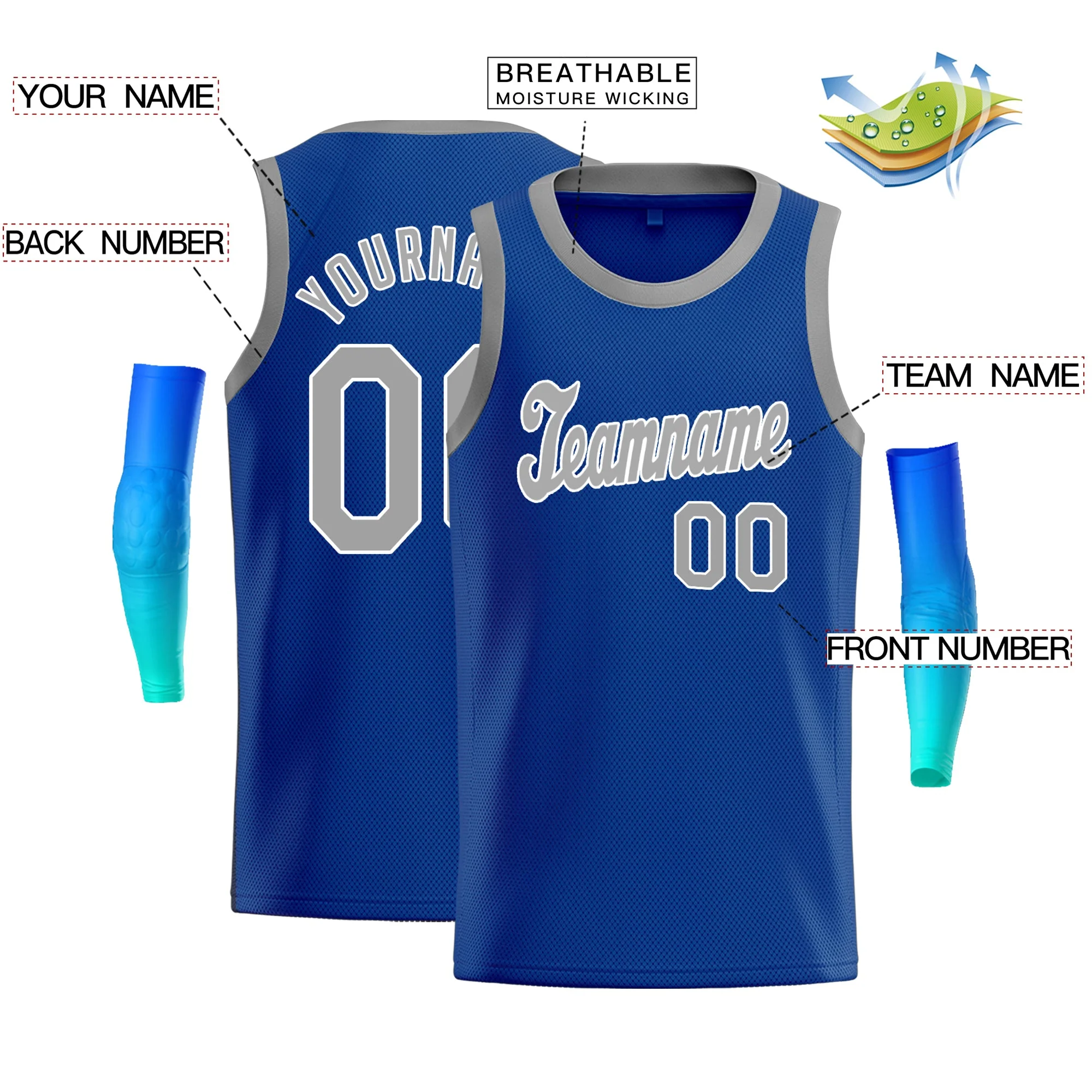 Custom Blue Grey-White Classic Tops Men/Boy Athletic Basketball Jersey - Image 2