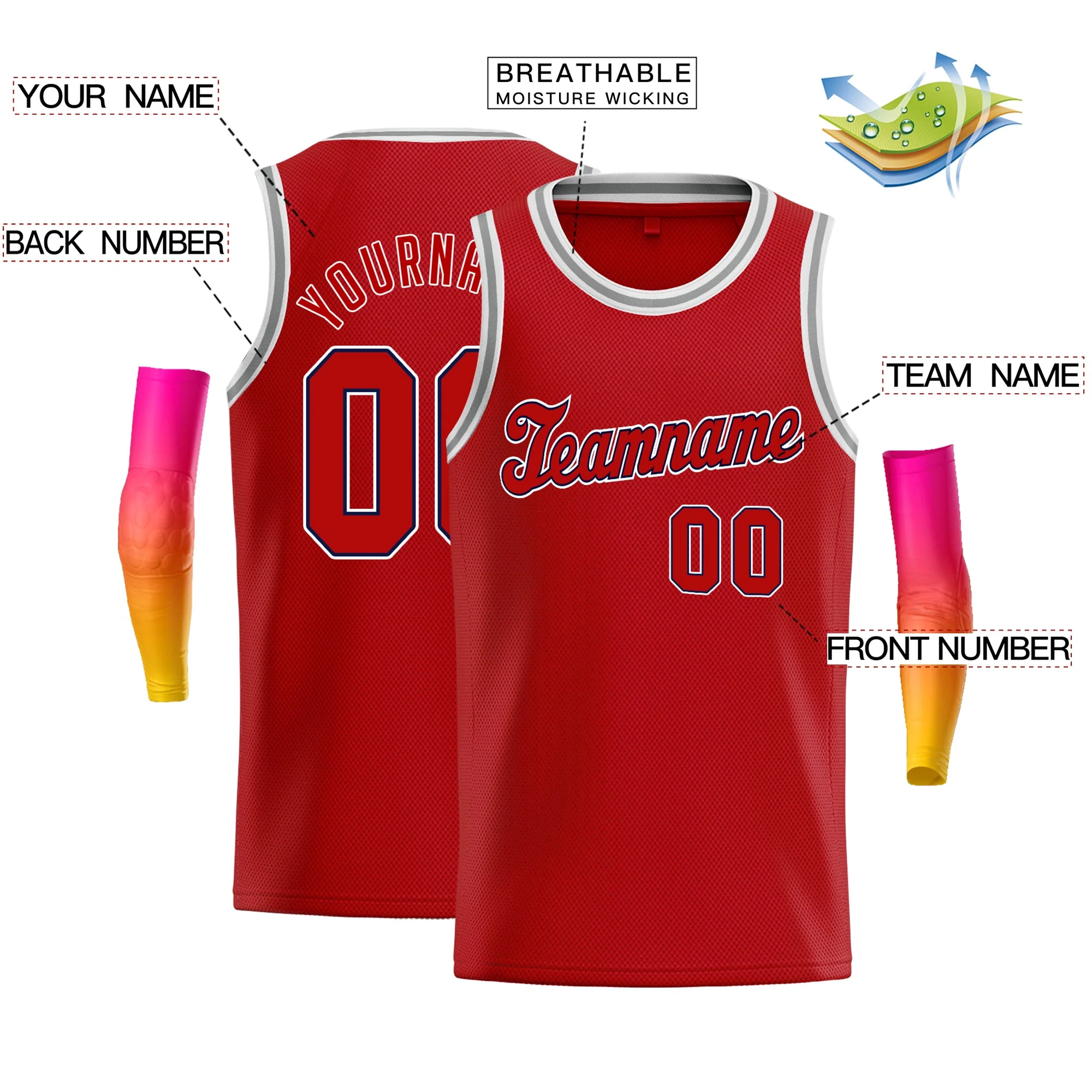 Custom Red White Gray-White Classic Tops Basketball Jersey - Image 2