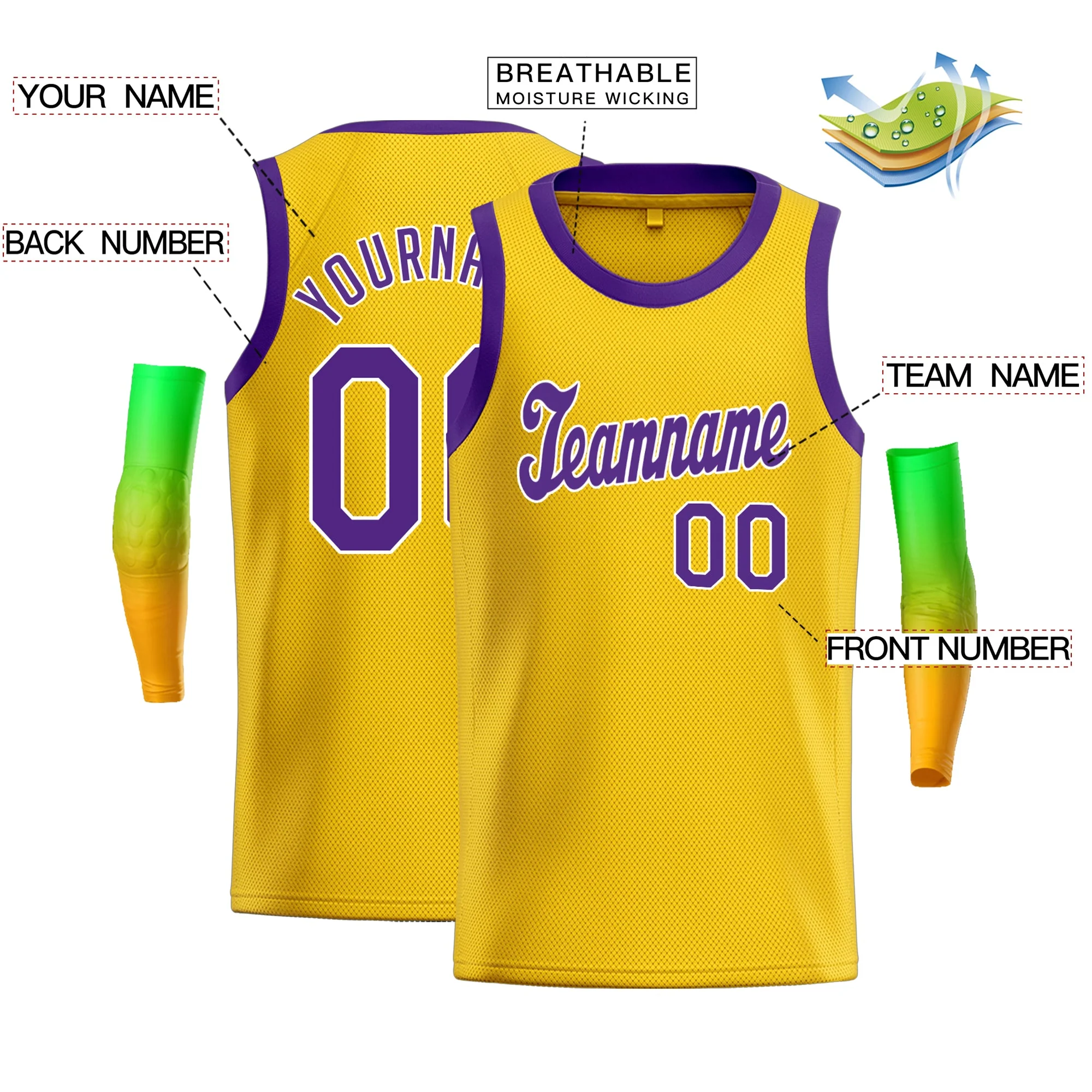Custom Yellow Purple-White Classic Tops Men Casual Basketball Jersey - Image 2