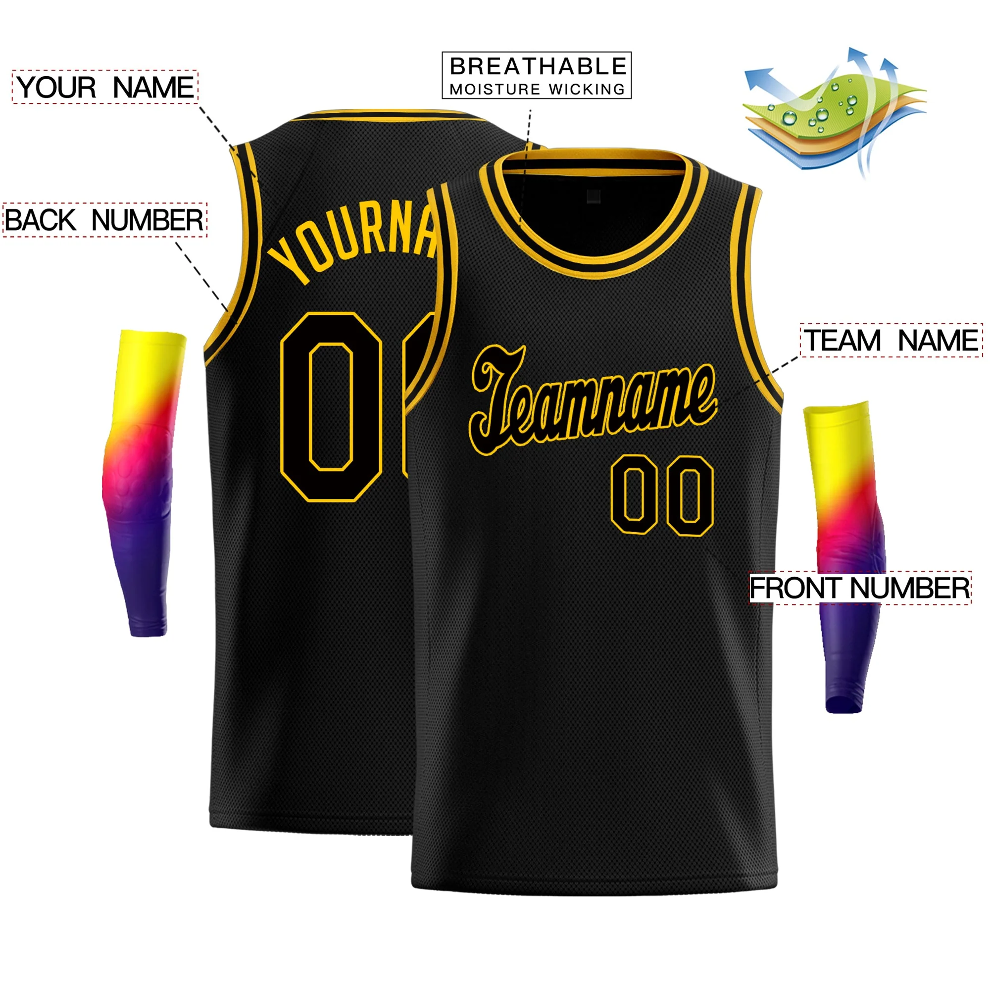 Custom Black Black-Yellow Classic Tops Sport Game Basketball Jersey - Image 2