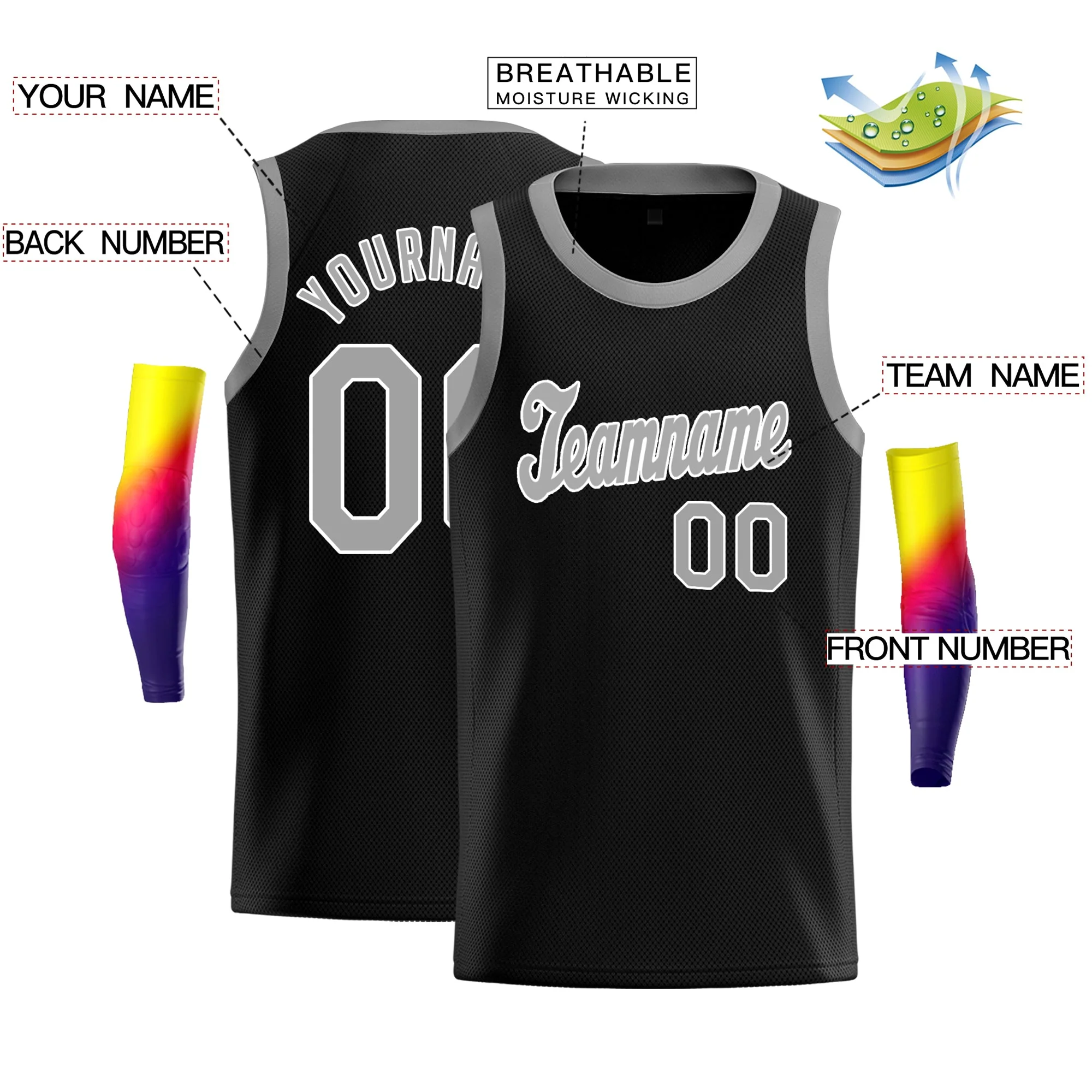 Custom Black Gray-White Classic Tops Fashion Sportwear Basketball Jersey - Image 2