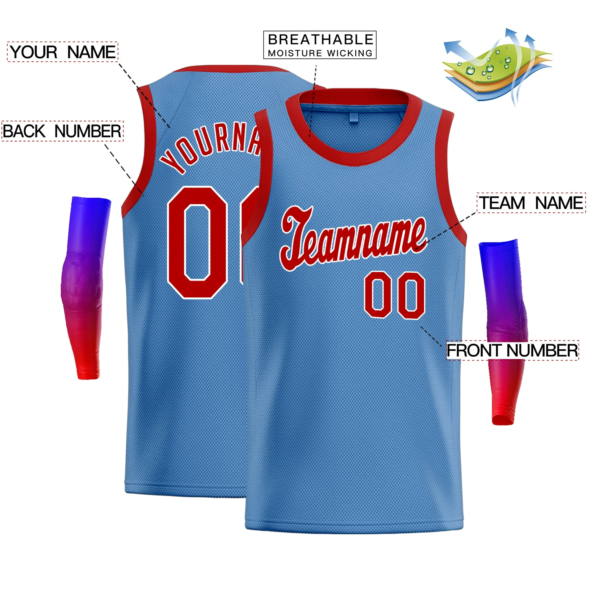 Custom Light Blue Red-White Classic Tops Athletic Basketball Jersey - Image 2