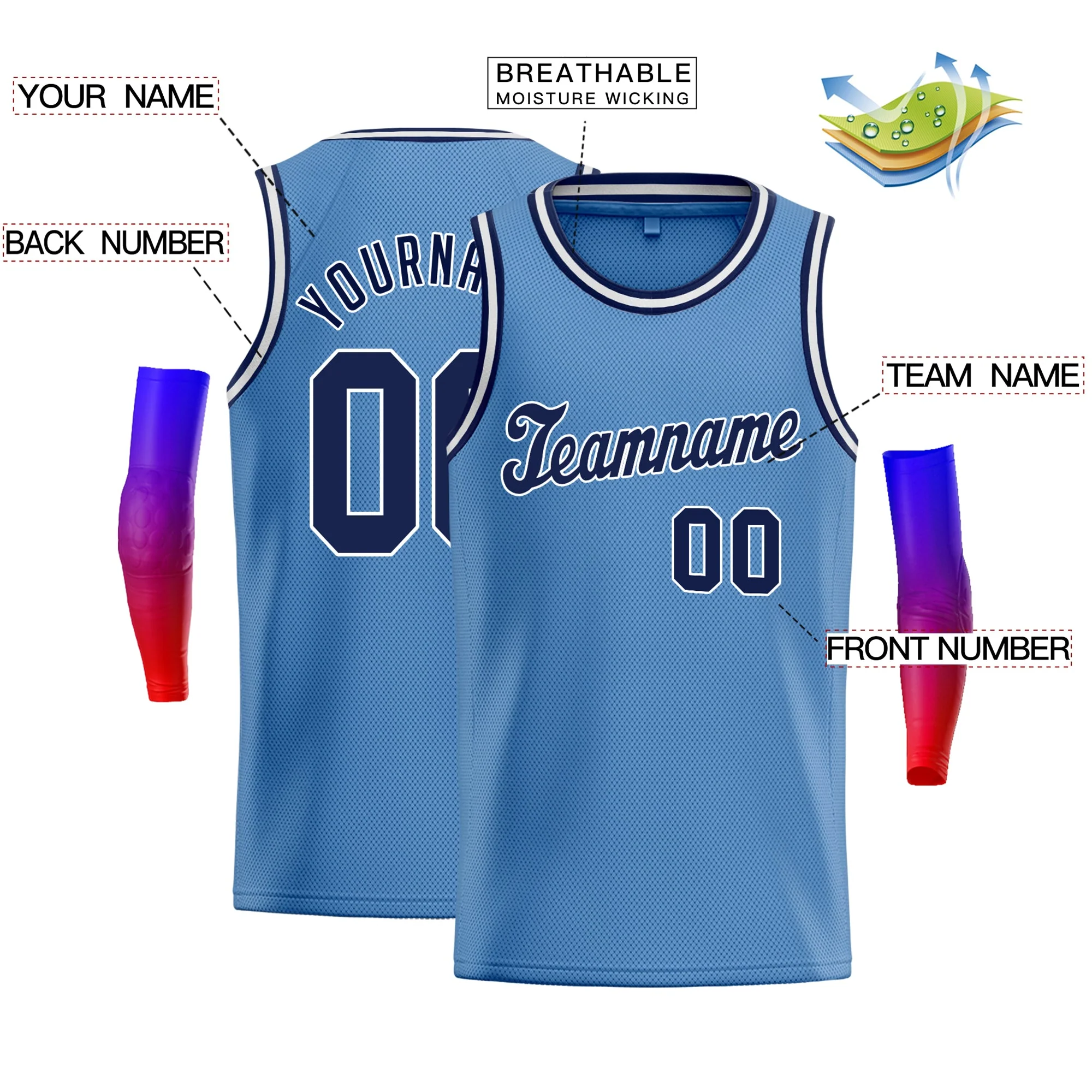 Custom Light Blue Navy-White Classic Tops Men/Boy Athletic Basketball Jersey - Image 2