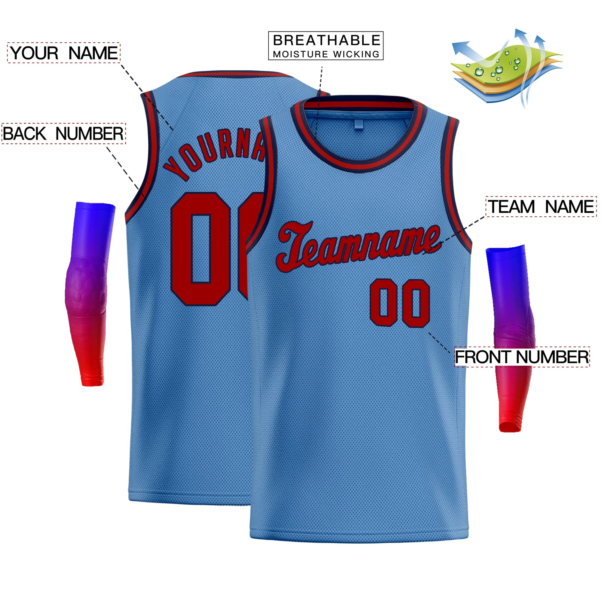 Custom Light Blue Navy-Red Classic Tops Athletic Basketball Jersey - Image 2
