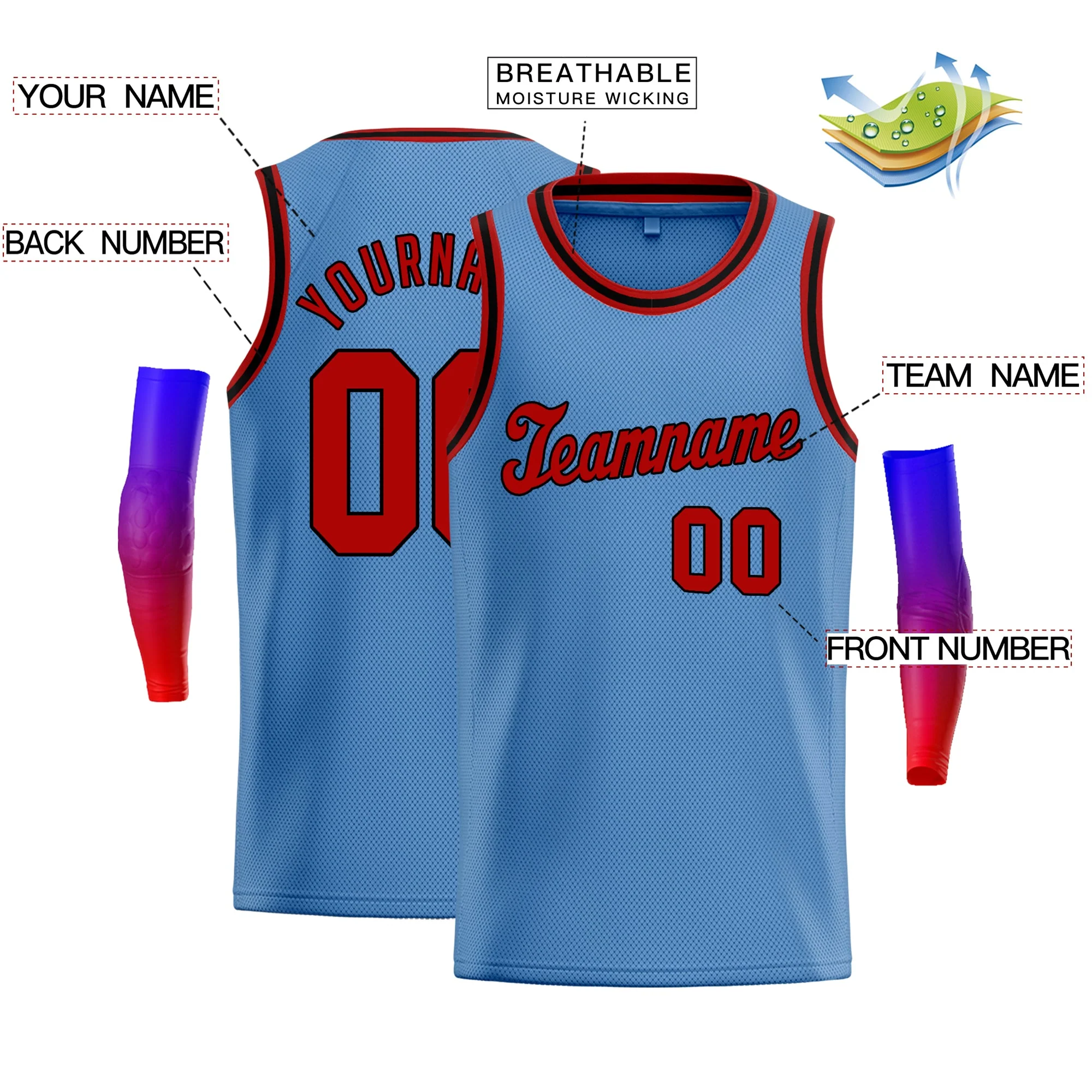 Custom Light Blue Red-Black Classic Tops Athletic Casual Basketball Jersey - Image 2