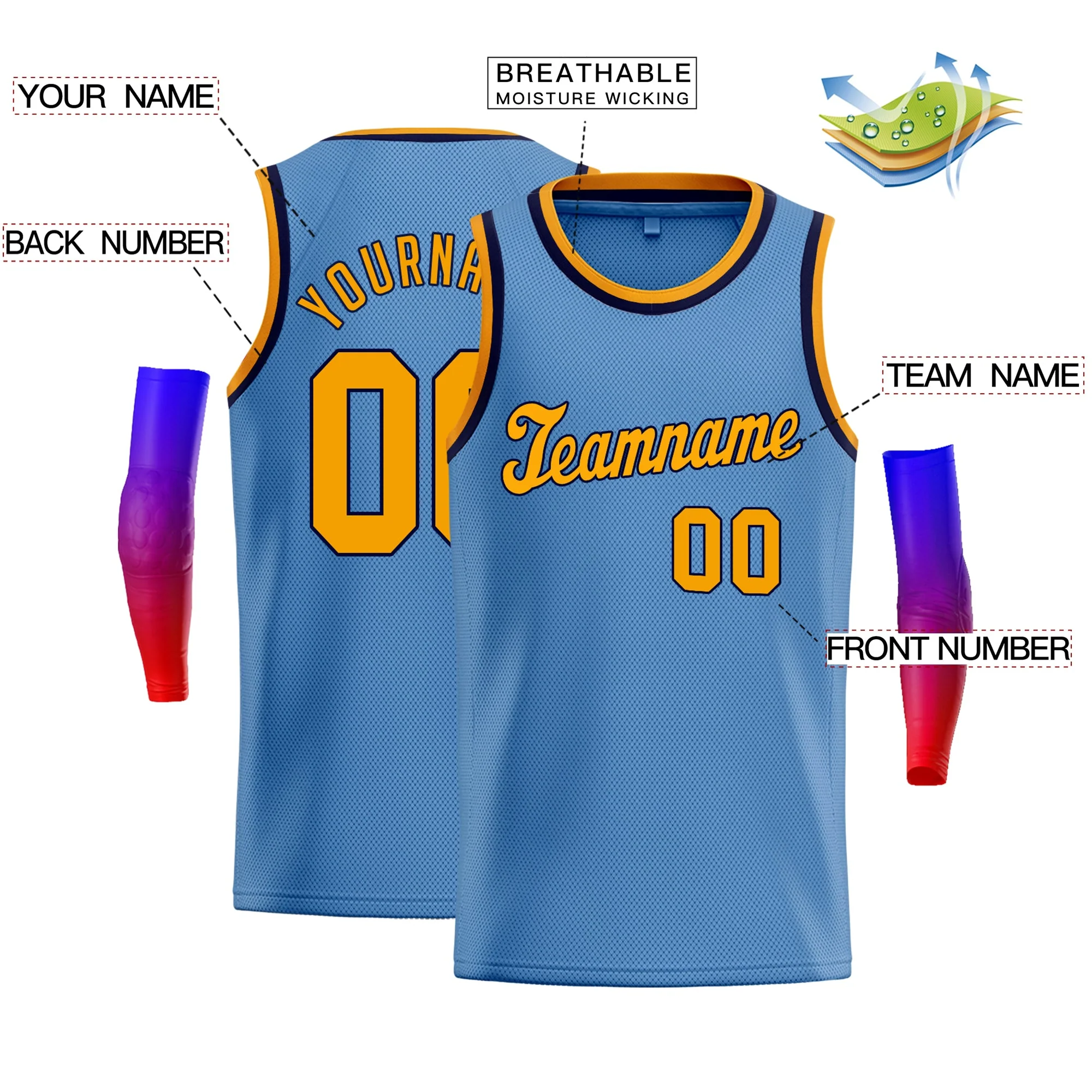 Custom Light Blue Yellow-Navy Classic Tops Fashion Sportwear Basketball Jersey - Image 2