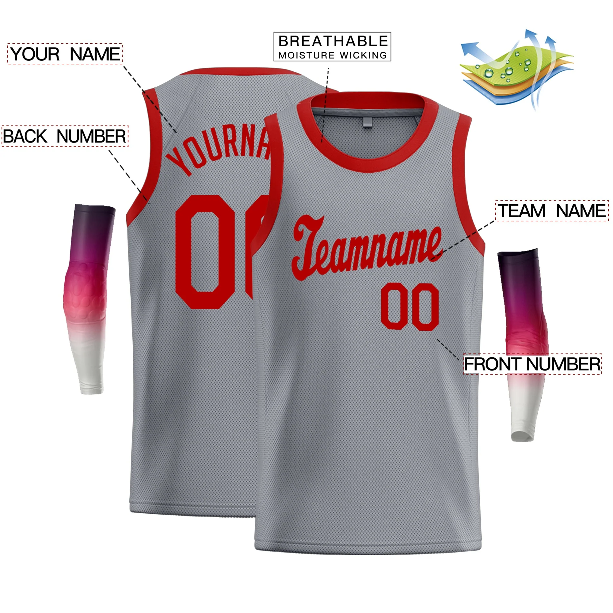 Custom Gray Red Classic Tops Athletic Casual Basketball Jersey - Image 2