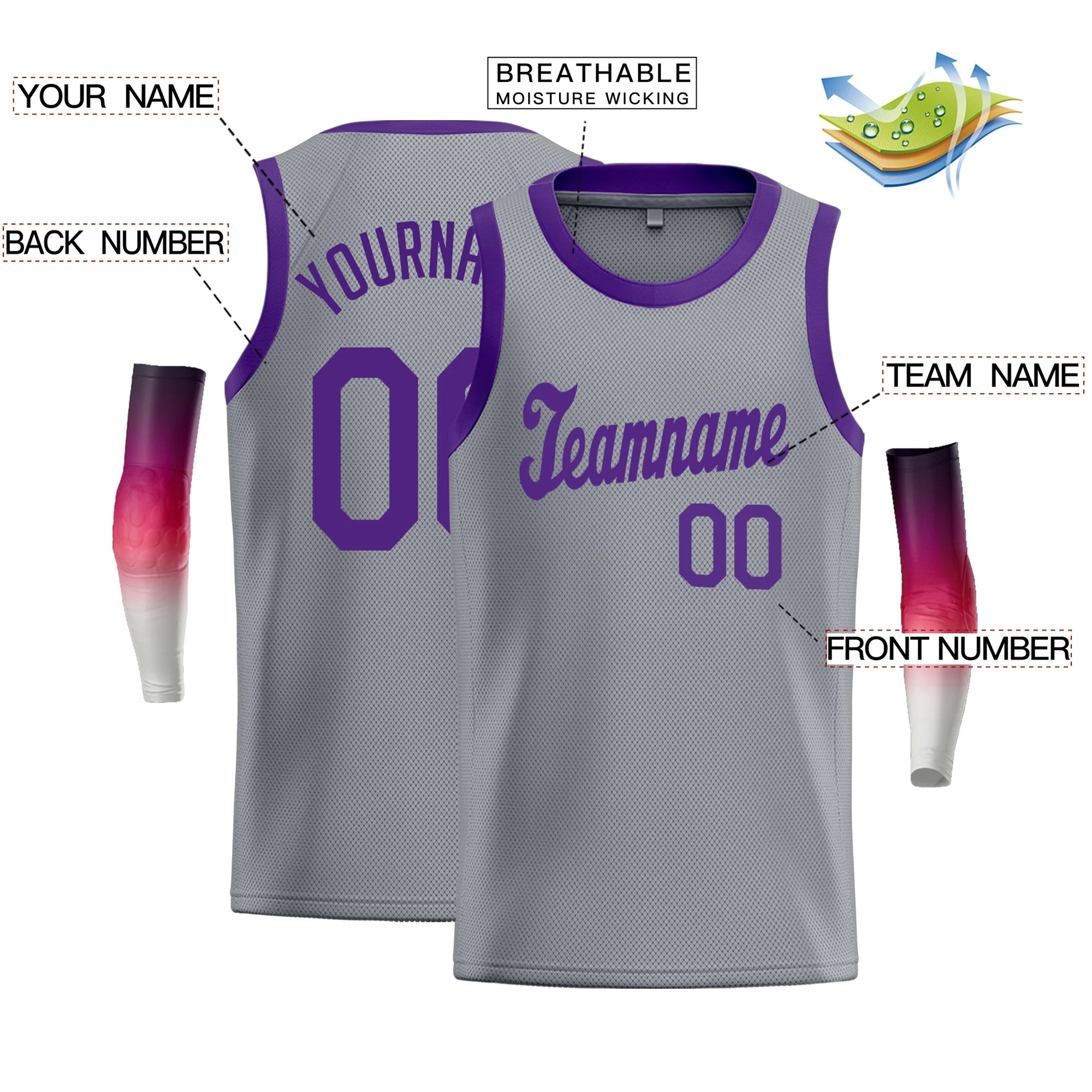 Custom Gray Purple Classic Tops Fashion Sportwear Basketball Jersey - Image 2