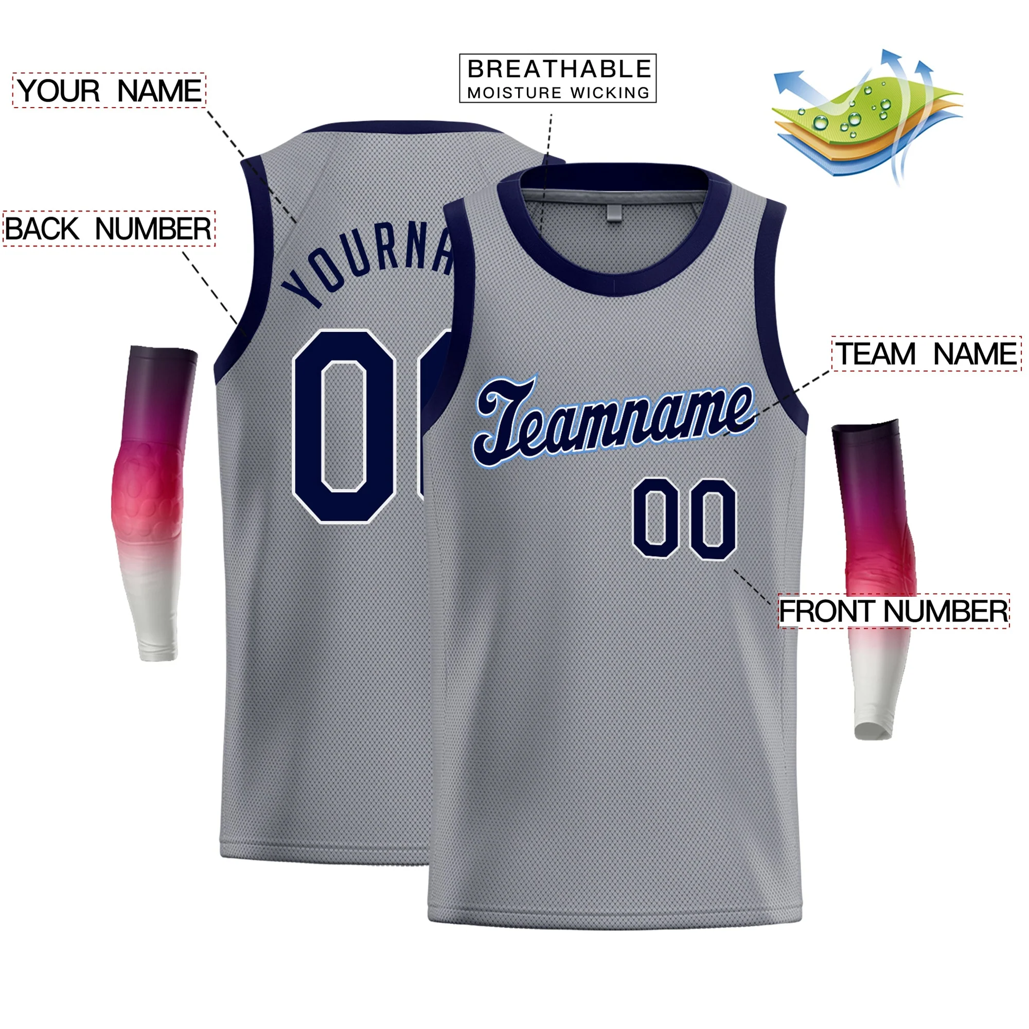 Custom Gray Navy-Blue Classic Tops Breathable Basketball Jersey - Image 2