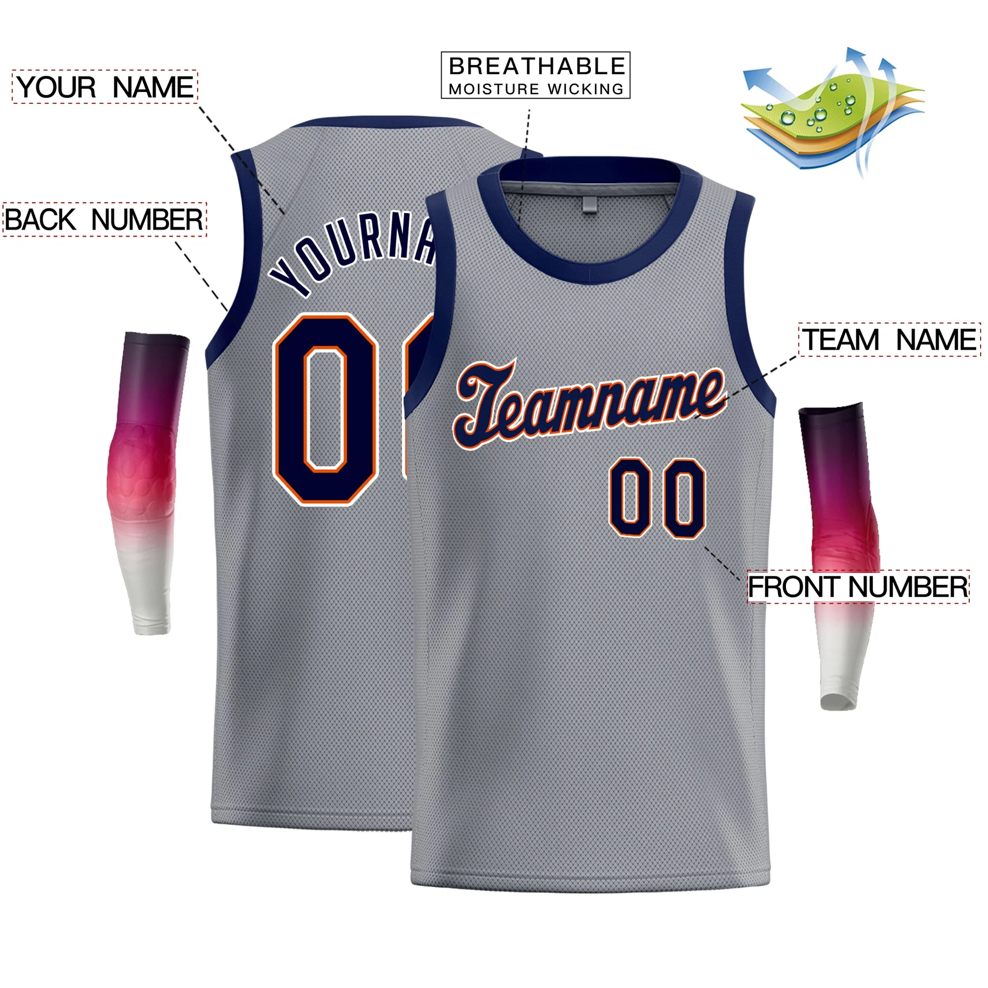 Custom Gray Navy-Orange Classic Tops Tank Top Basketball Jersey - Image 2