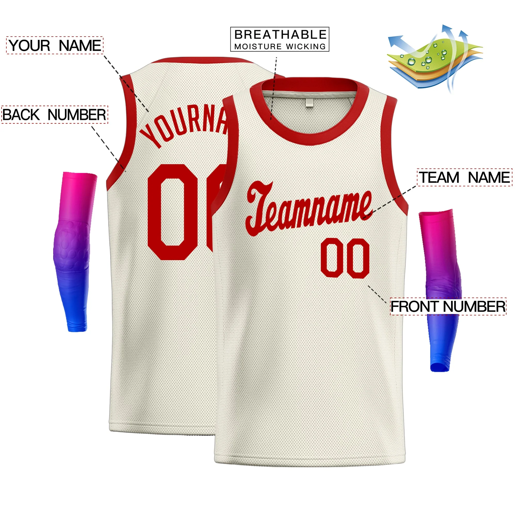Custom Cream Red Classic Tops Fashion Sportwear Basketball Jersey - Image 2