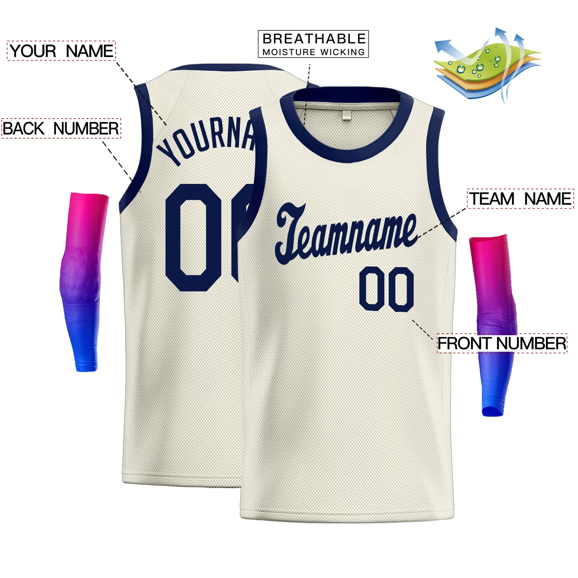 Custom Cream Navy Classic Tops Men/Boy Basketball Jersey - Image 2
