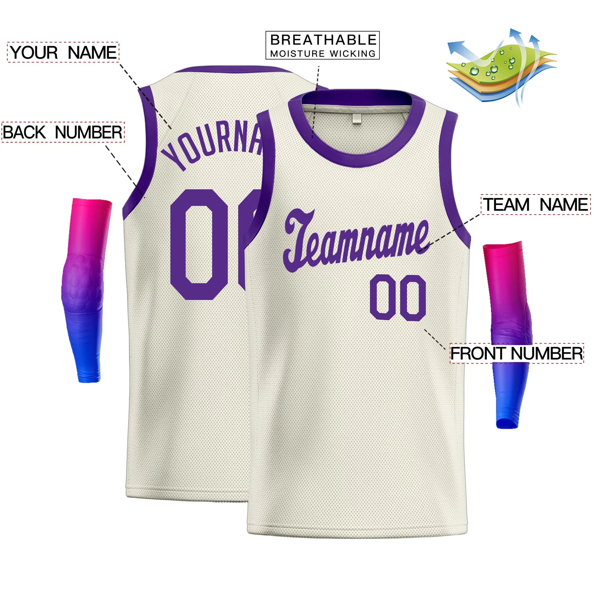 Custom Cream Purple Classic Tops Athletic Casual Basketball Jersey - Image 2