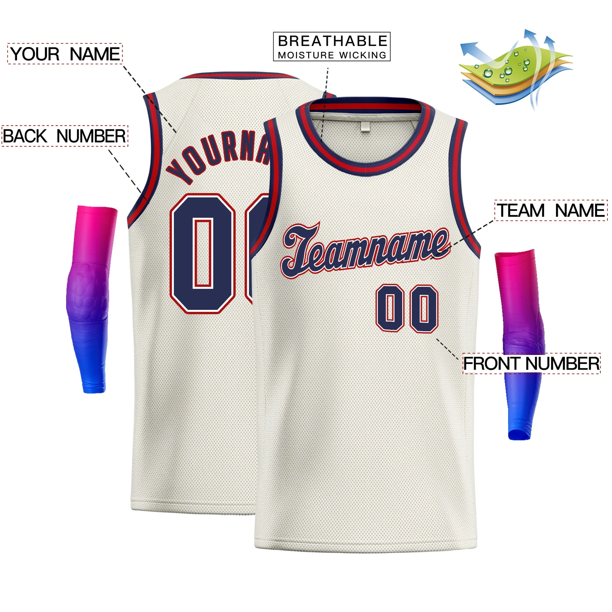 Custom Cream Navy-Red Classic Tops Men/Boy Basketball Jersey - Image 2