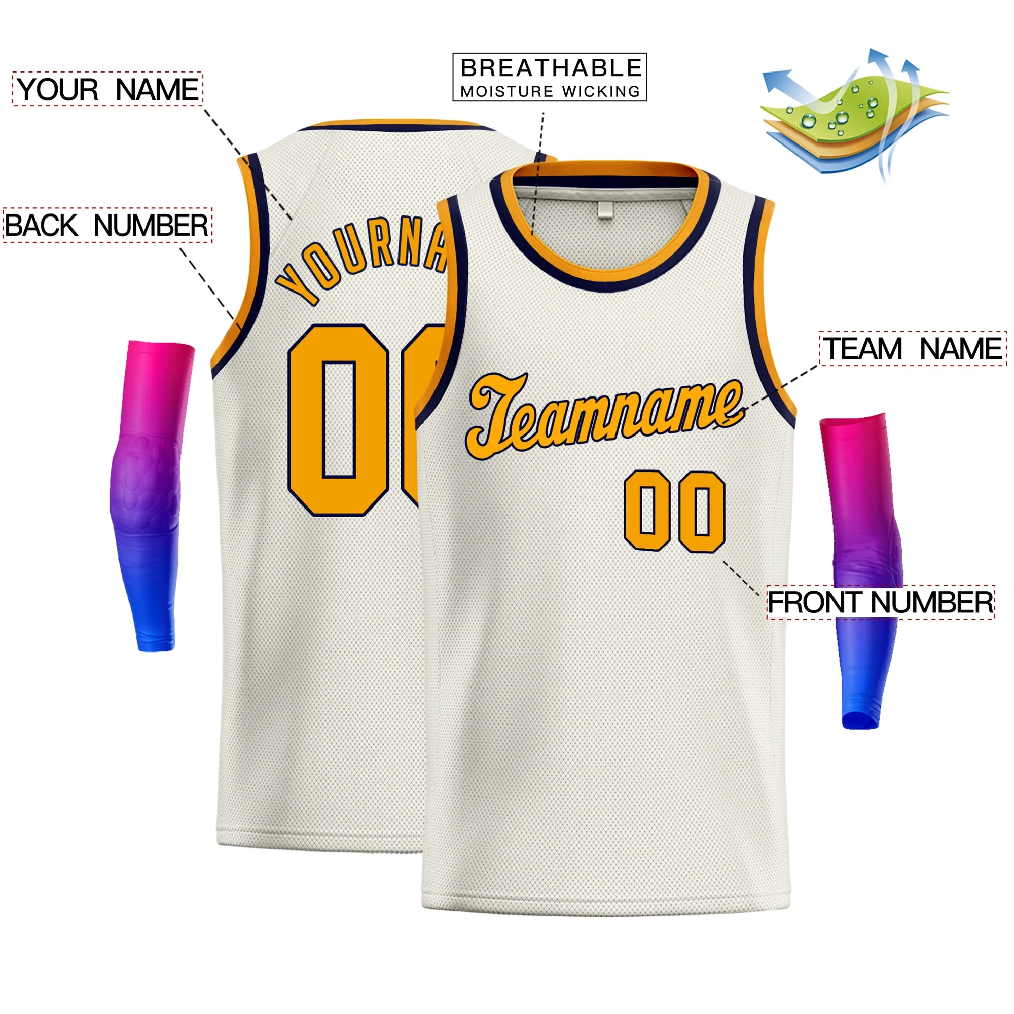 Custom Cream Yellow-Navy Classic Tops Breathable Basketball Jersey - Image 2