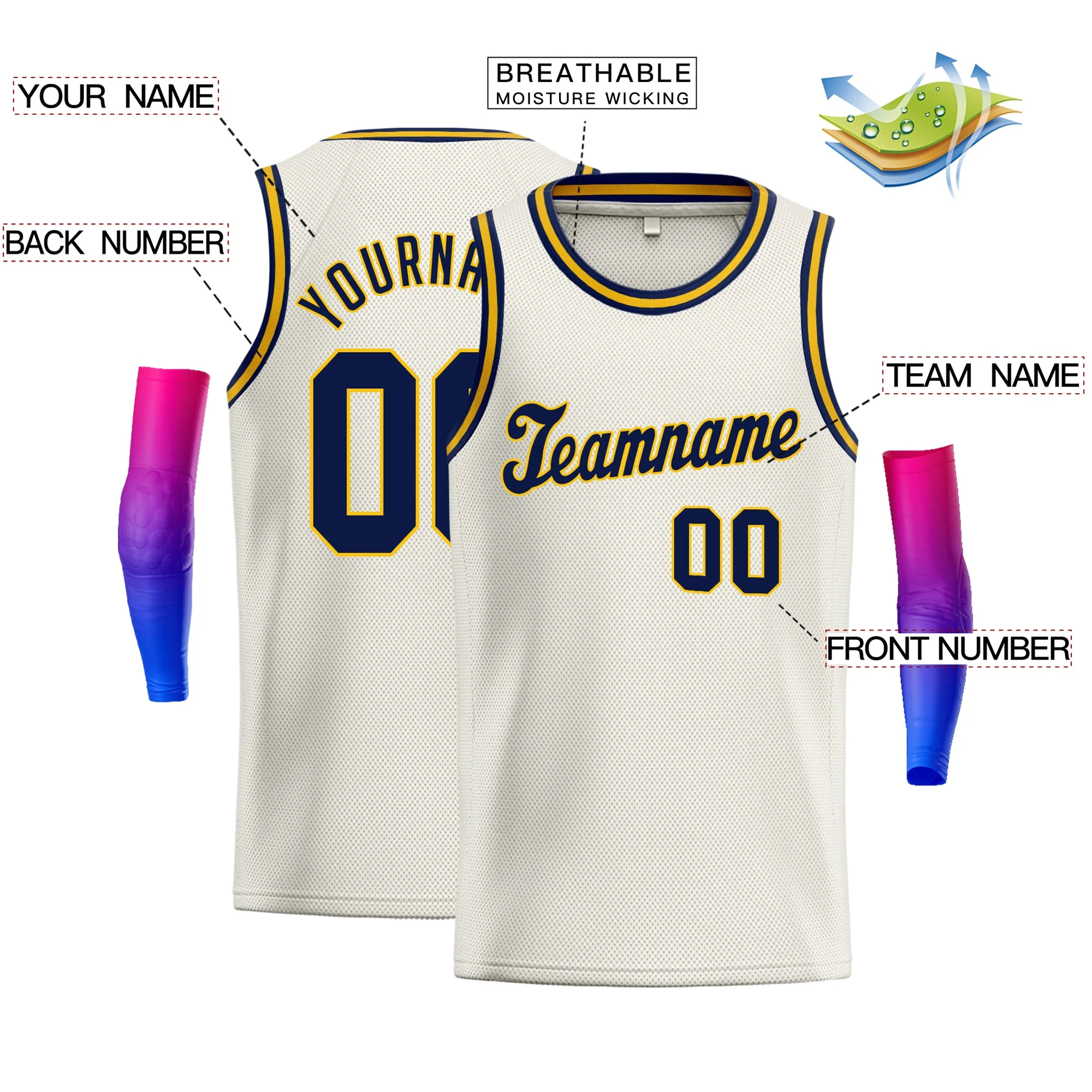 Custom Cream Navy-Yellow Classic Tops Athletic Basketball Jersey - Image 2