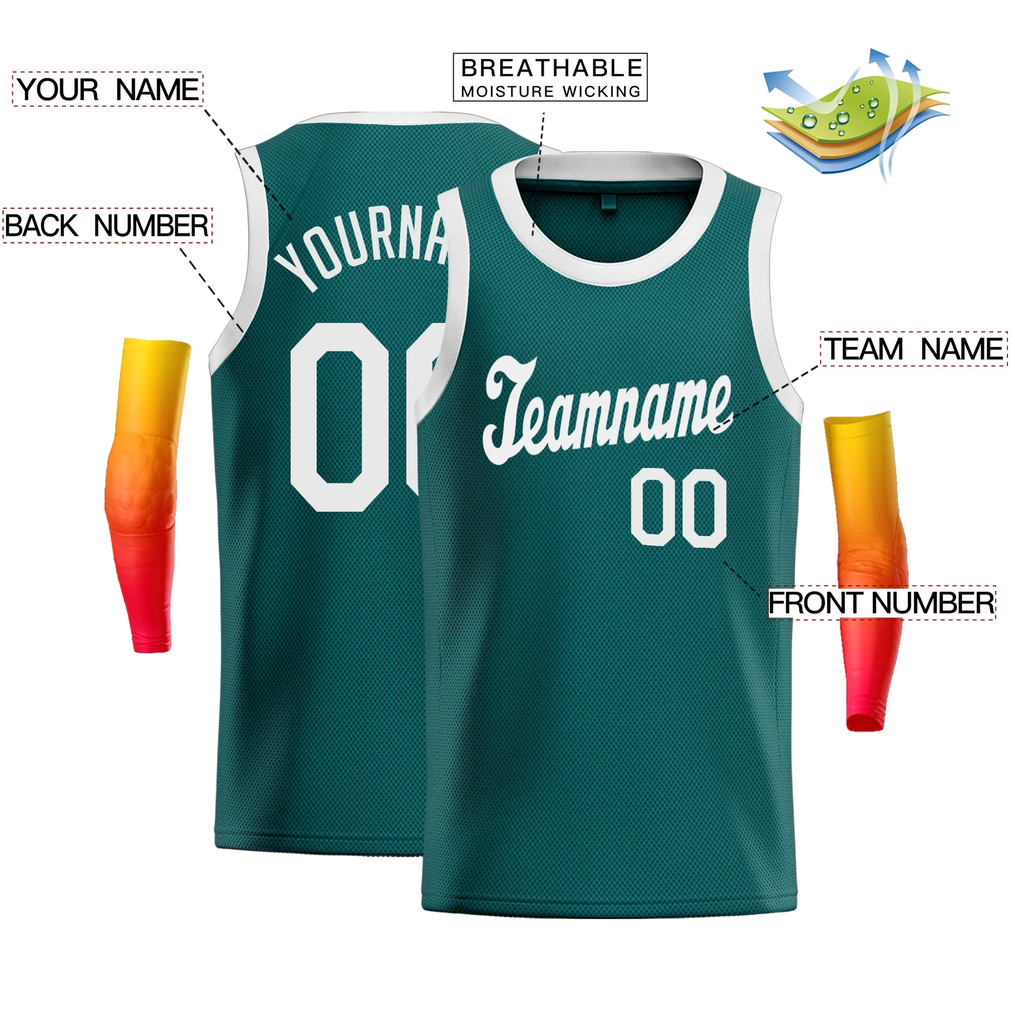Custom Teal White Classic Tops Breathable Basketball Jersey - Image 2