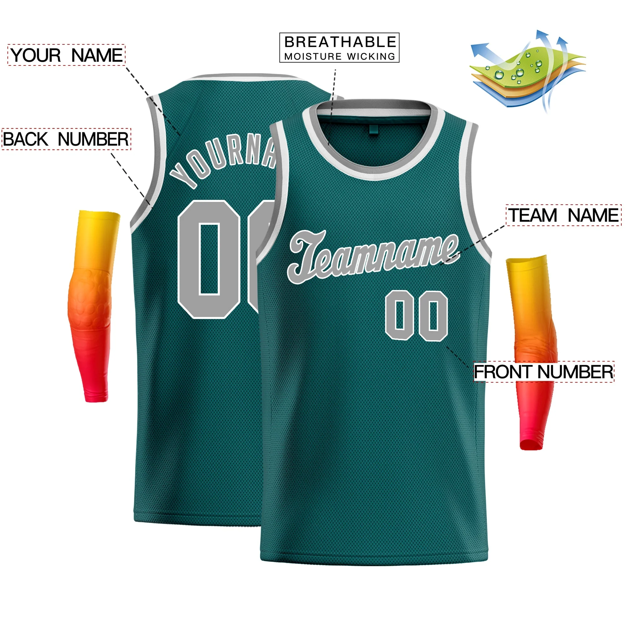 Custom Teal Gray-White Classic Tops Fashion Sportwear Basketball Jersey - Image 2