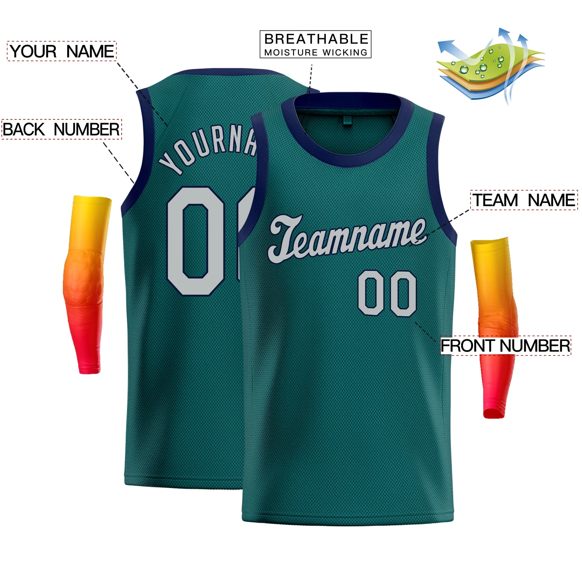 Custom Teal Gray-Navy Blue Classic Tops Fashion Sportwear Basketball Jersey - Image 2