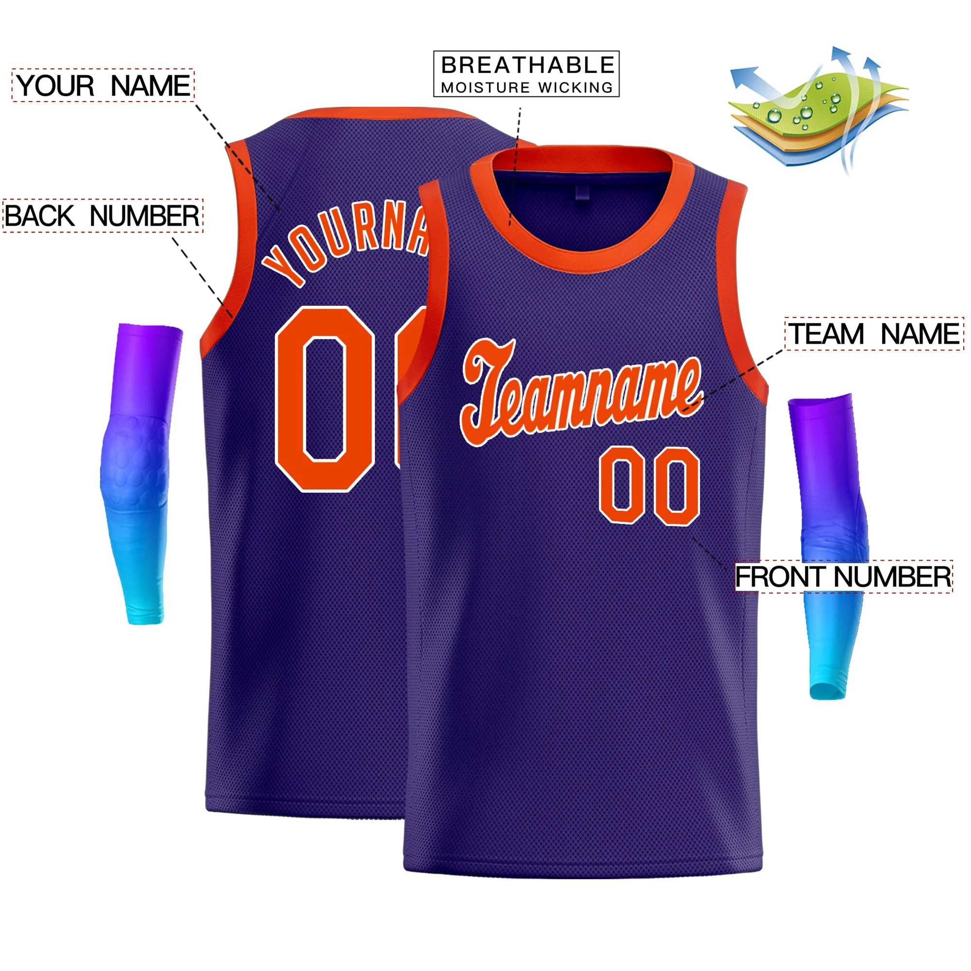 Custom Purple Orange-White Classic Tops Athletic Basketball Jersey - Image 2