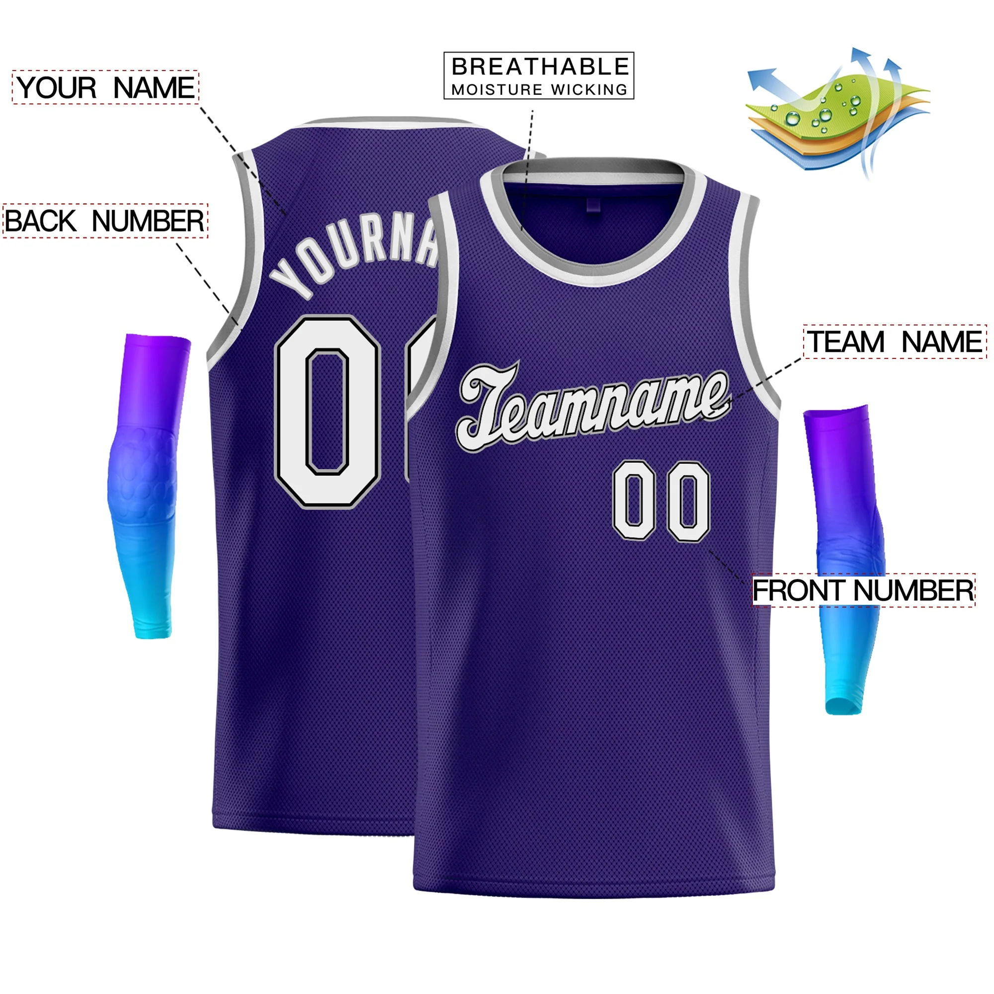Custom Purple Gray-White Classic Tops Men Casual Daily Basketball Jersey - Image 2