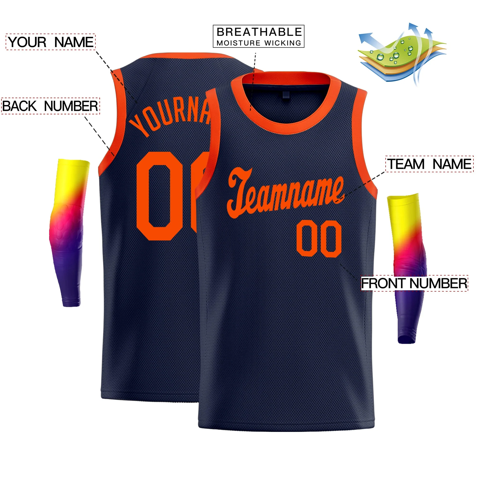 Custom Navy Orange Classic Tops Sportwear Basketball Jersey - Image 2