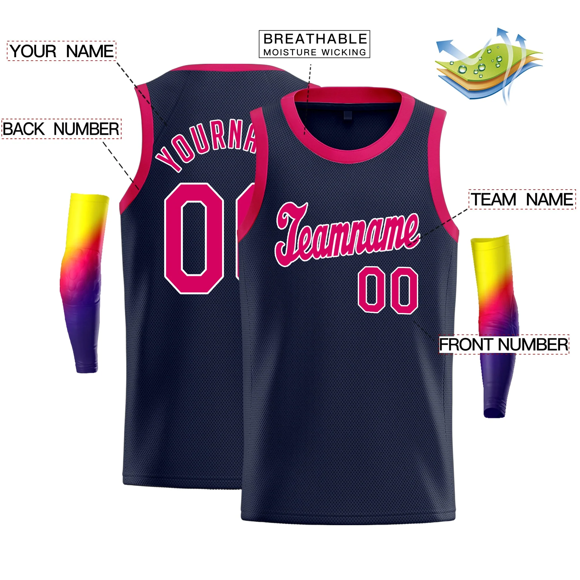 Custom Navy Pink-White Classic Tops Shirt Basketball Jersey - Image 2