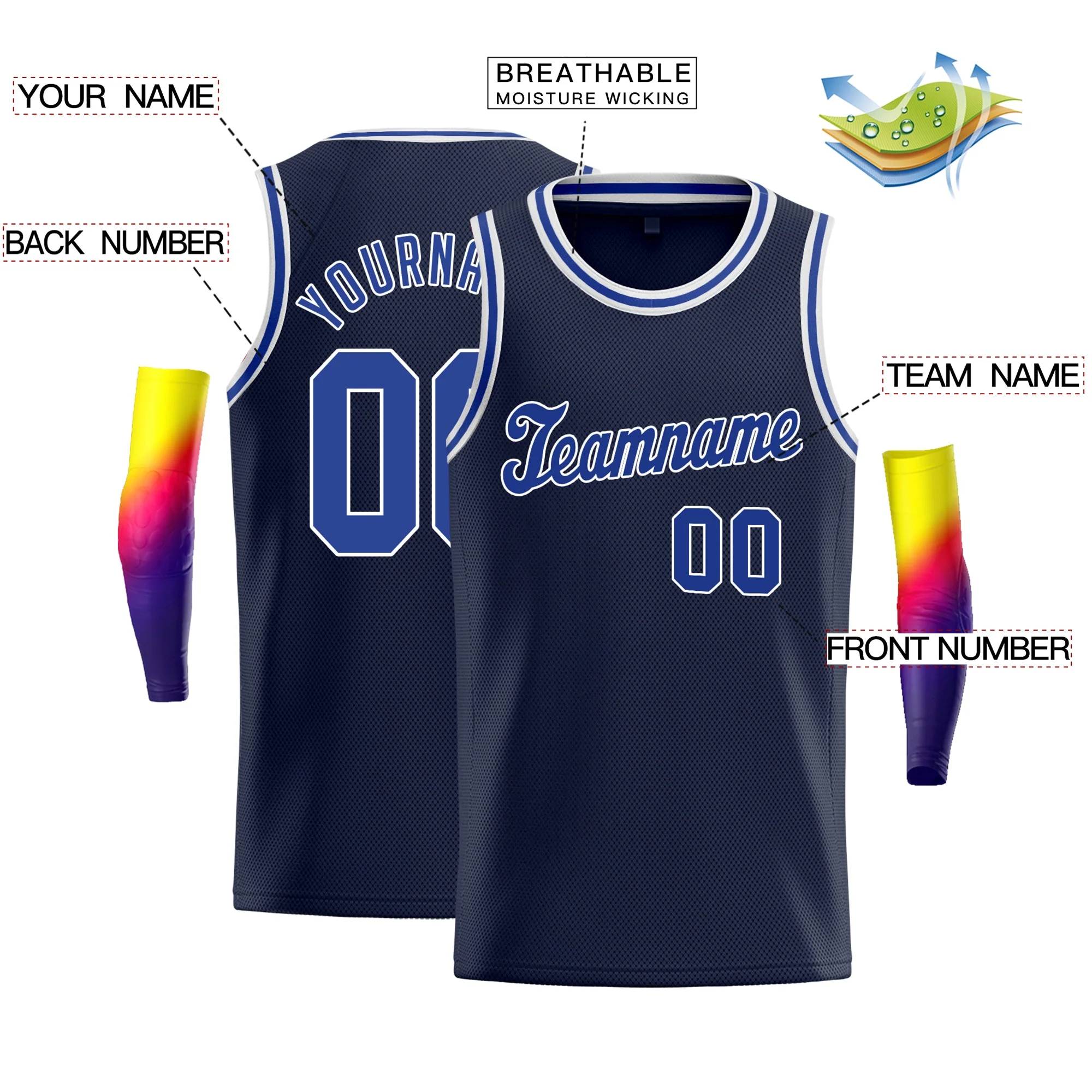 Custom Navy Royal-White Classic Tops Sport Vest Basketball Jersey - Image 2