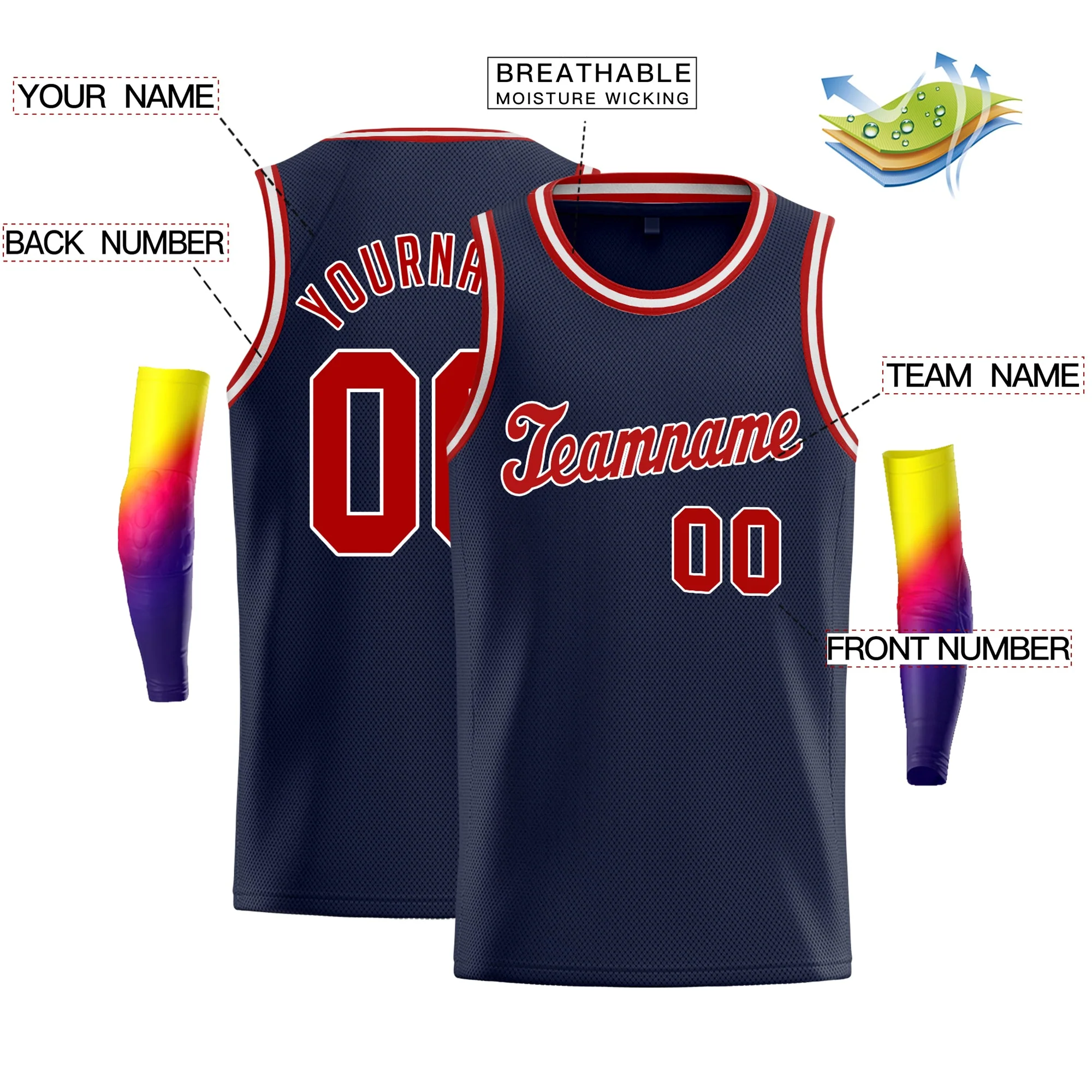 Custom Navy Red-White Classic Tops Fashion Basketball Jersey - Image 2