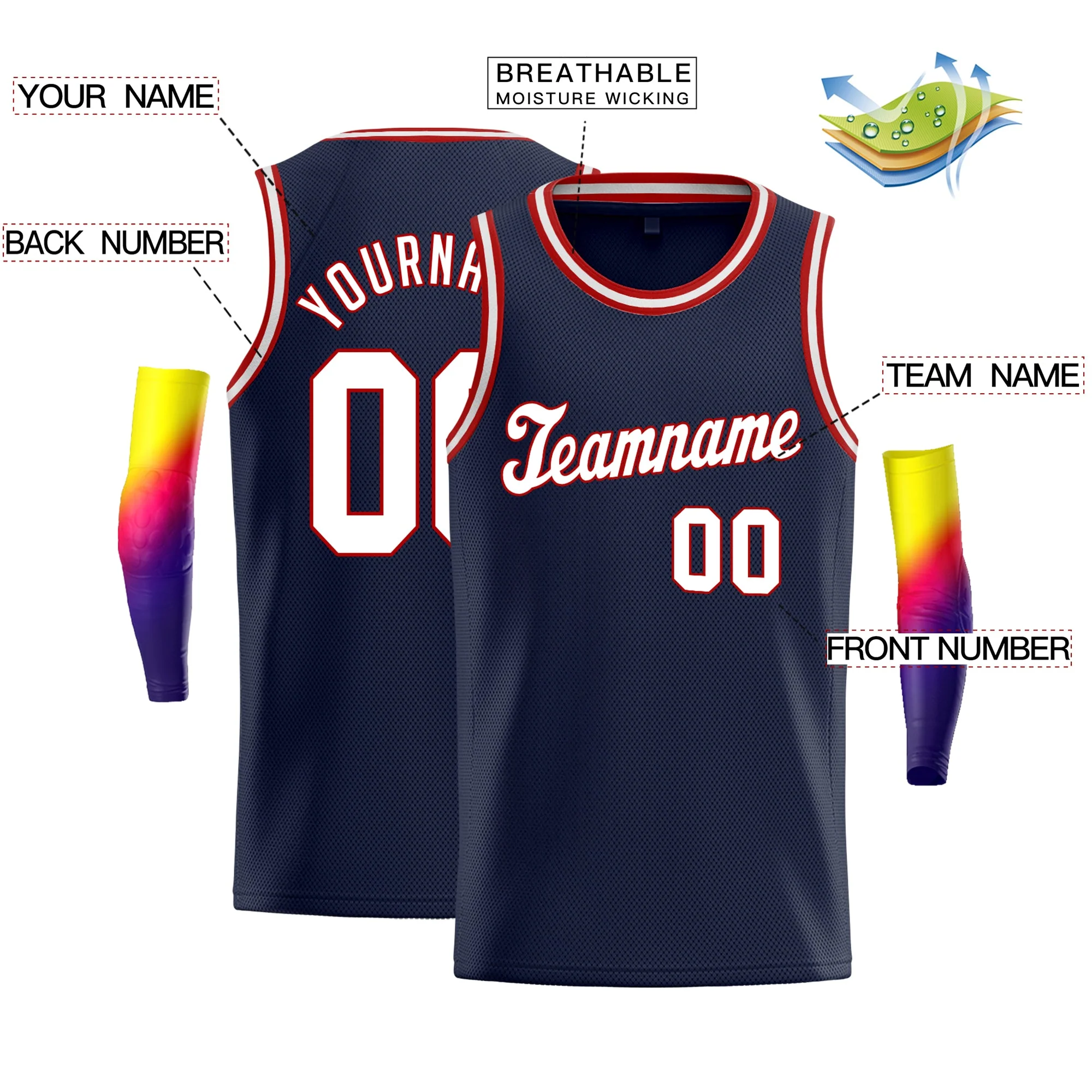Custom Navy White-Red Classic Tops Men/Kids Basketball Jersey - Image 2