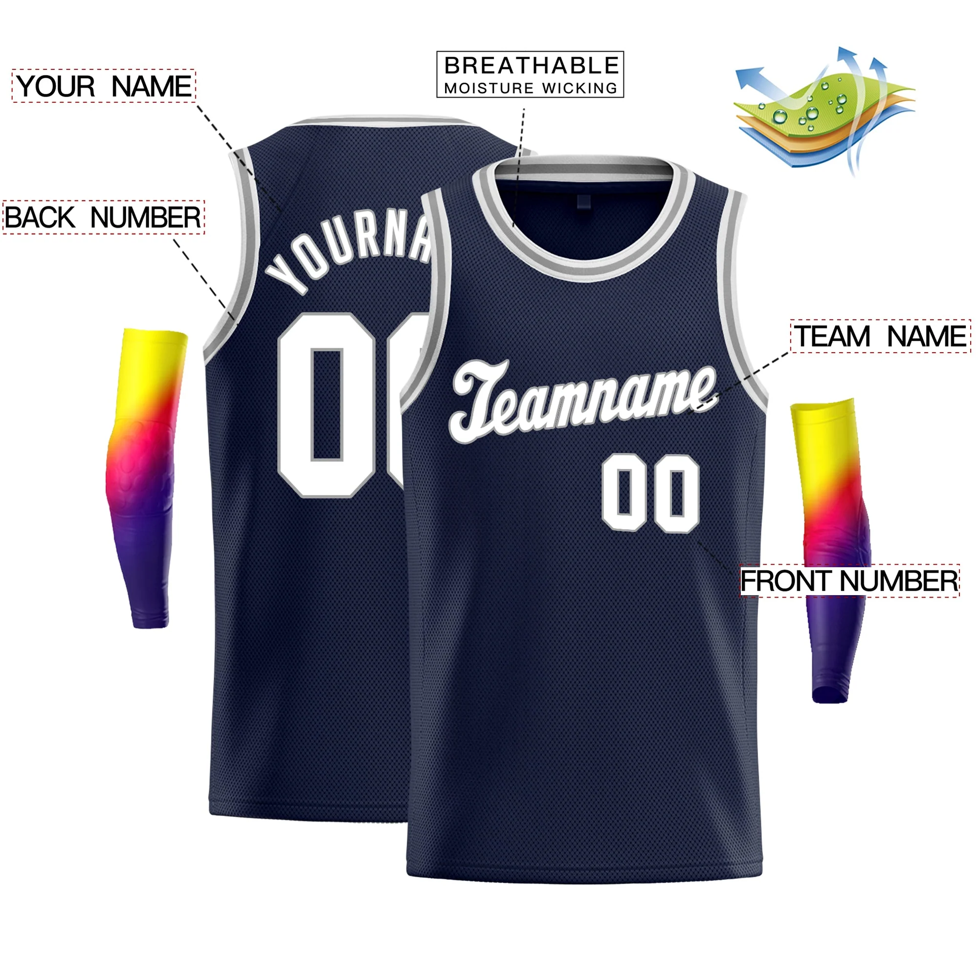 Custom Navy White-Gray Classic Tops Athletic Vest Basketball Jersey - Image 2