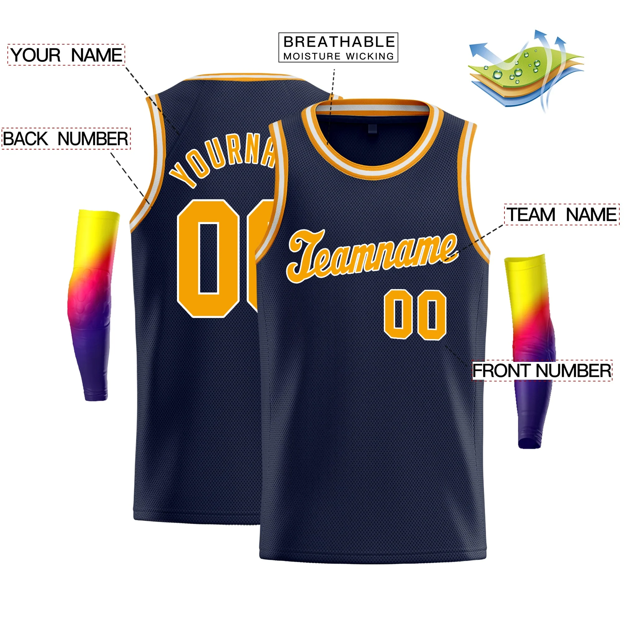 Custom Navy Orange-White Classic Tops Sport Vest Basketball Jersey - Image 2