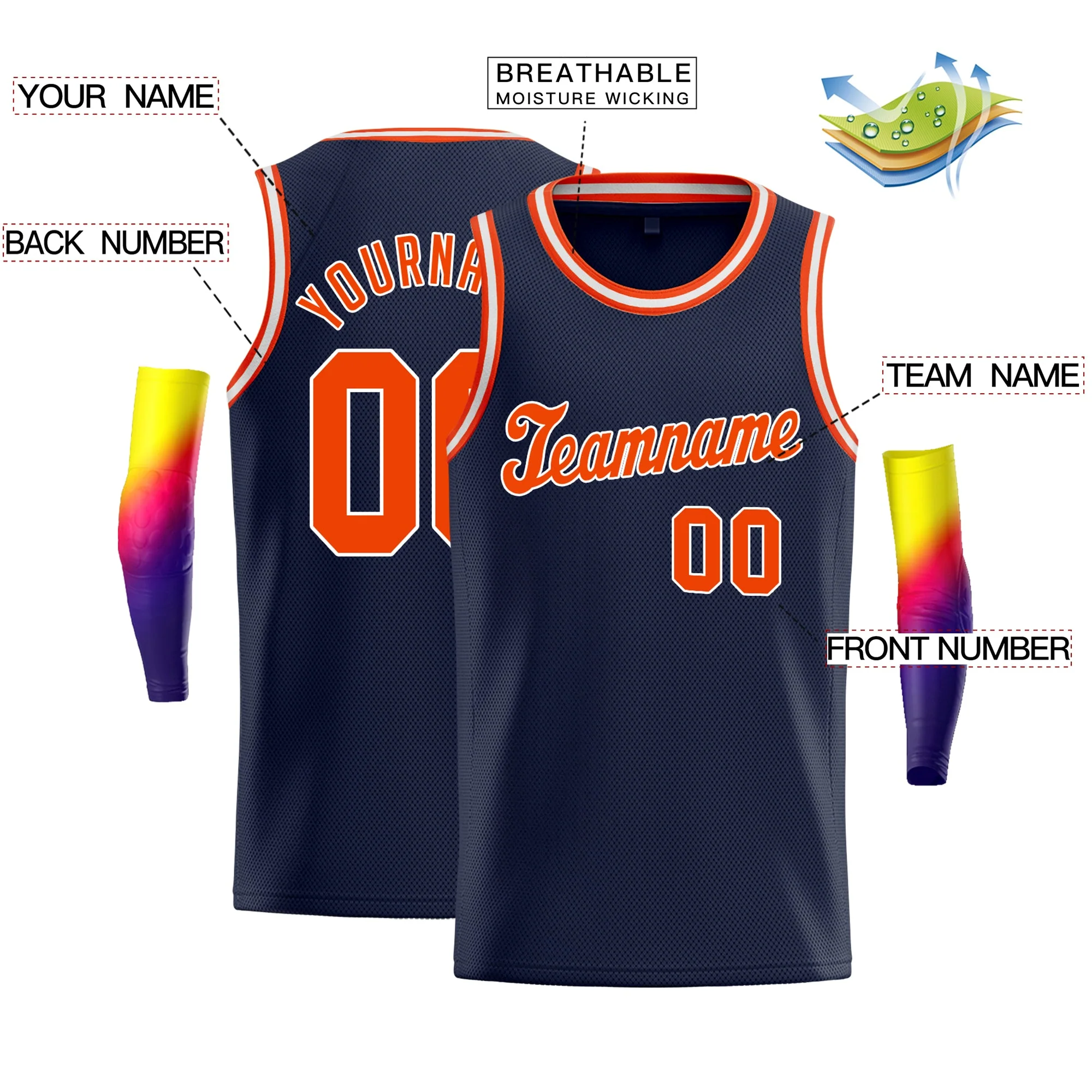 Custom Navy Orange-White Classic Tops Men/Kids Basketball Jersey - Image 2