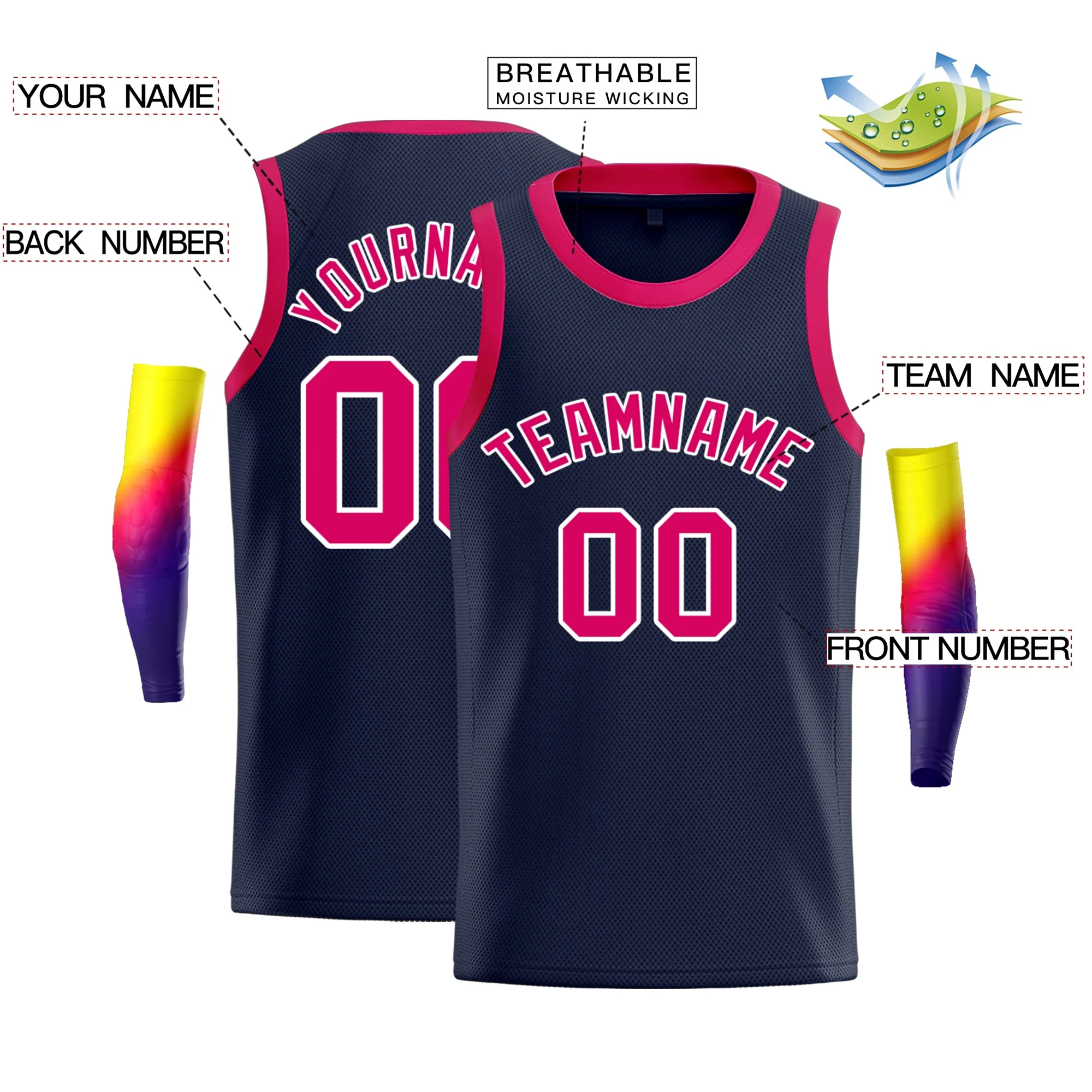 Custom Navy Pink-White Classic Tops Men Basketball Jersey - Image 2